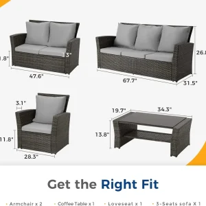 Wisteria Lane 4 Piece Outdoor Patio Furniture Sets, Wicker Conversation Set for Porch Deck, Grey Rattan Sofa Chair with Cushion Blue