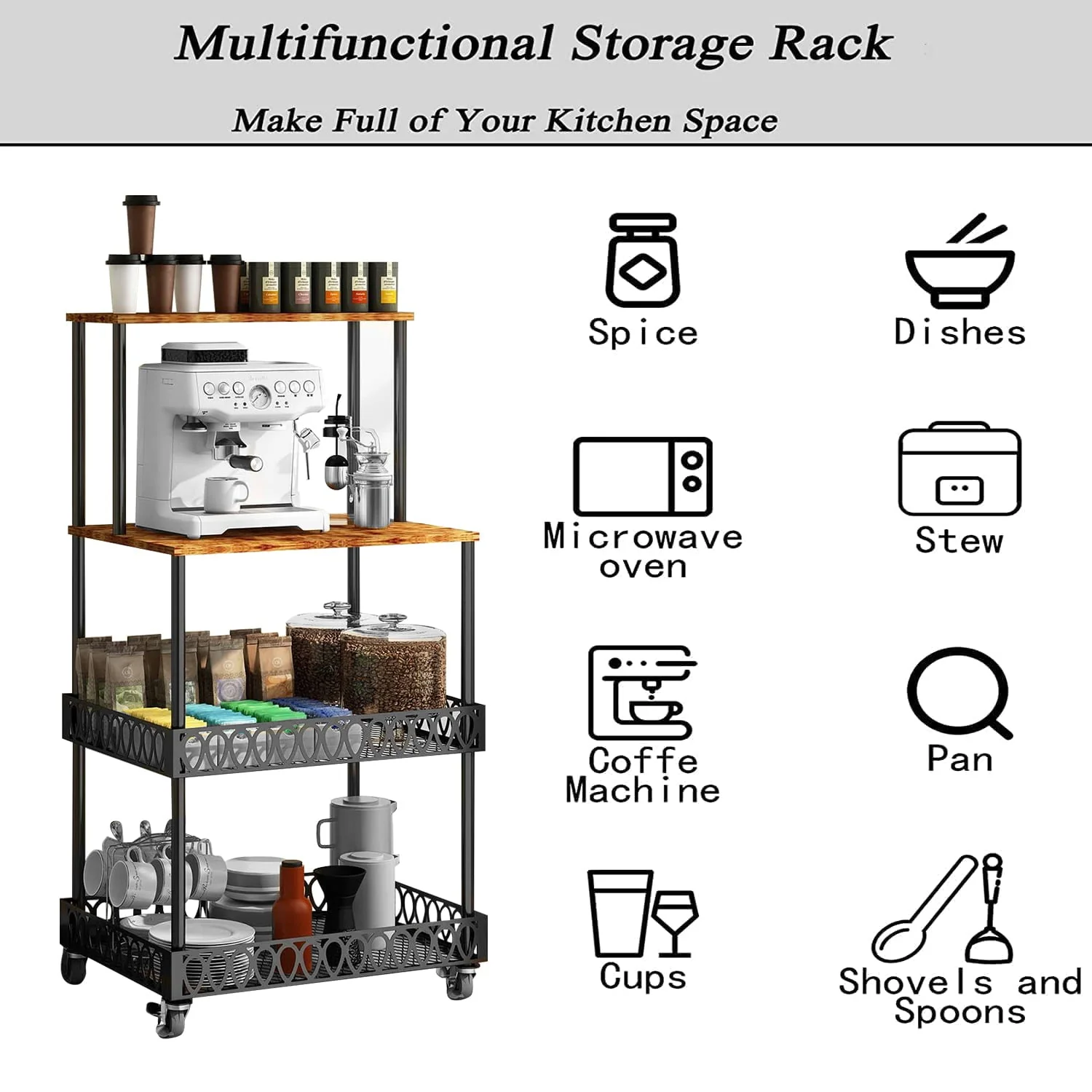 BATE 4-Tier Kitchen Storage Baker's Rack 48 inch Microwave Oven Rack Shelves Kitchen Storage Organizer with Metal Wheels
