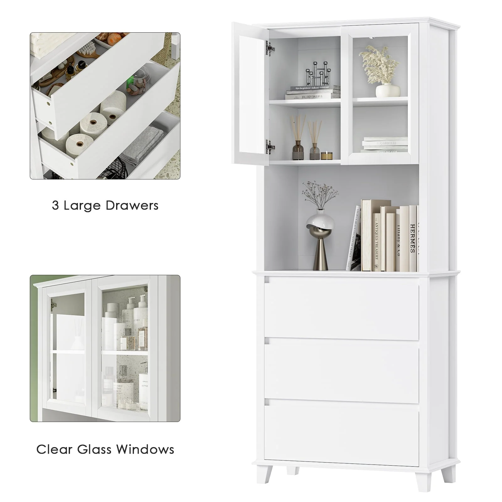 Homfa 3-Drawer Kitchen Storage Cabinet, 76.6'' Tall Cabinet with Clear Glass Door for Bathroom, White