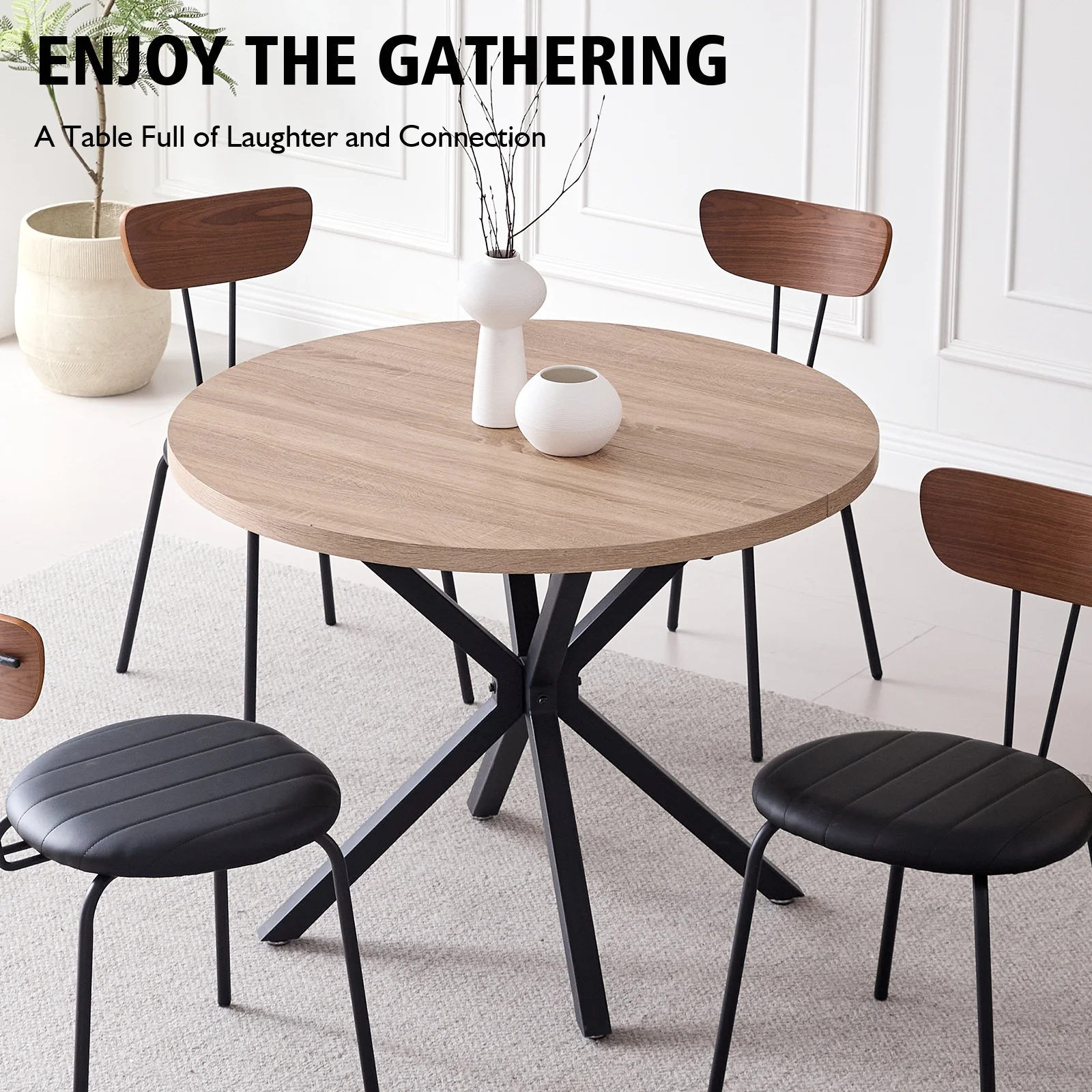 39- Round Dining Table, Modern Small Kitchen Table for 4 with X-Shaped Metal Legs and 1.2" Thickness Tabletop for Kitchen Dining Room, Coffee Table, Oak