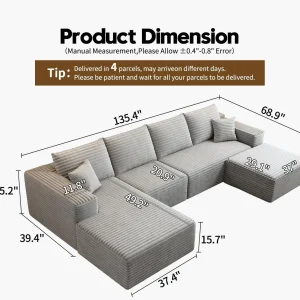 107.5" Cloud Modular Sectional Sofa Couch with L-Shape Chaise,Modern Minimalist Upholstered Couches for Living Room Bedroom,Deep Seat Corner Couch .No Assembly Required (Black,Left Facing Chaise)