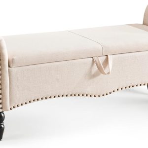 Furniliving Modern Storage Ottoman Bench, Sherpa Ottoman End of Bed Bench with Solid Wood Legs Upholstered Ottoman Benches with Storage Indoor Bench for Living Room with Rolled Arm, Entryway, White