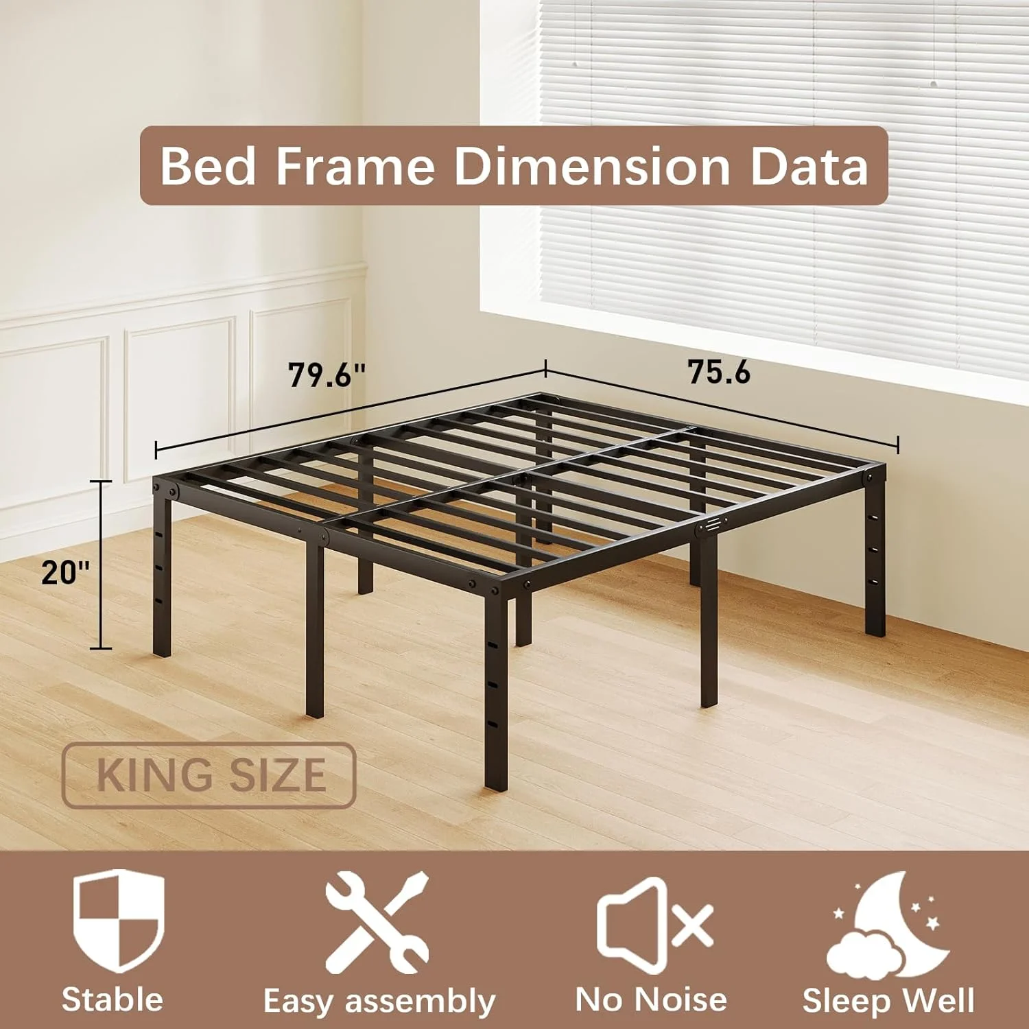 20 Inch King Bed Frame No Box Spring Needed, Heavy Duty Tall Metal Platform with Large Storage Space, Easy Assembly Strong Bearing Capacity, Noise Free