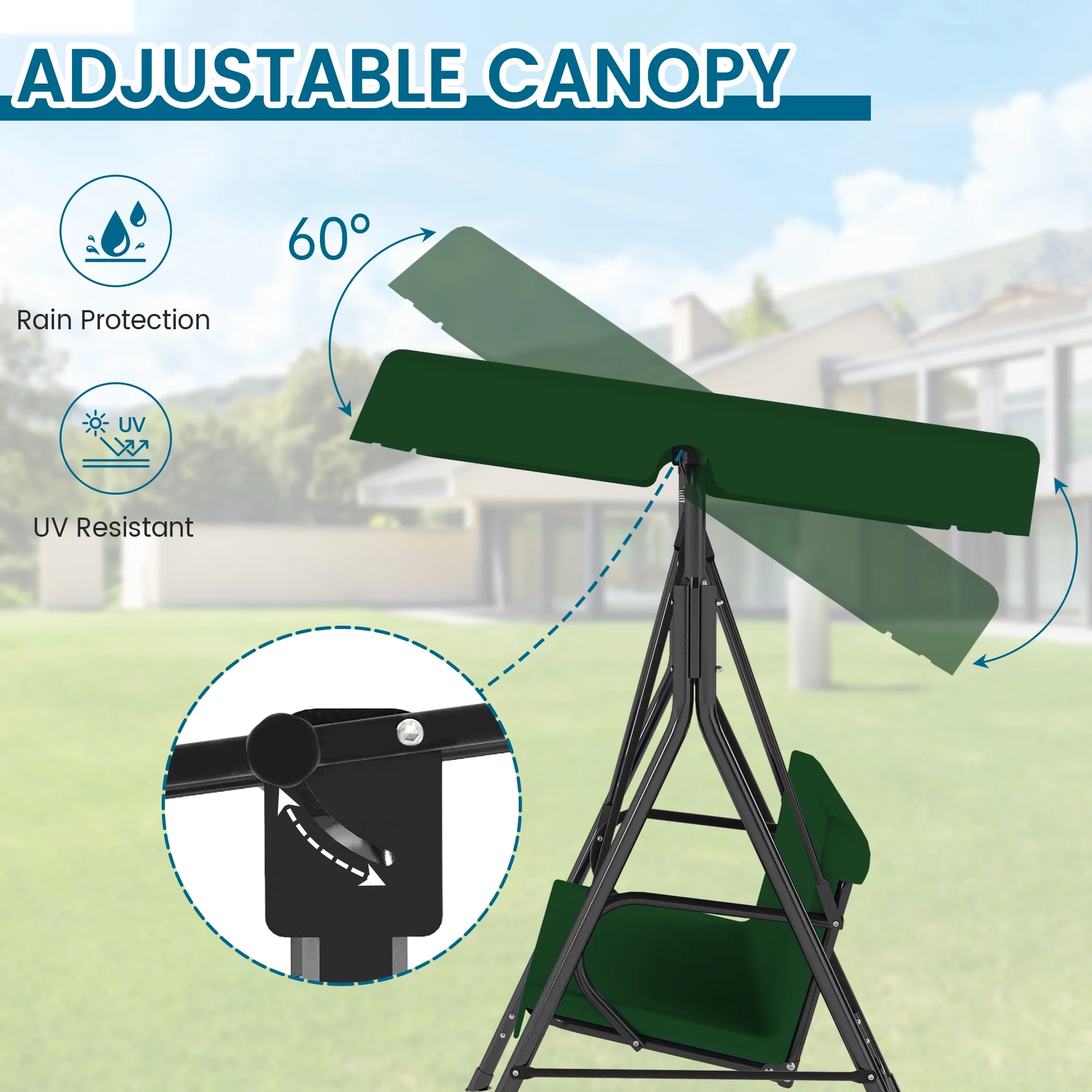 Melocadol 3 Seats Outdoor Porch Swing Glider, Patio Swing Chair with All Weather Covered Canopy and Rust Proof Heavy Duty Stand, for Garden, Lawn, or Backyard, Black