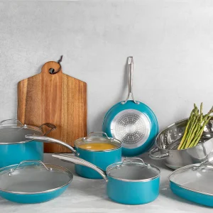 Gotham Steel Nonstick Pots and Pans 20 Piece Kitchen Ceramic Cookware Set Bakeware Cooking Frying Skillet Sauce Pan Aqua Blue