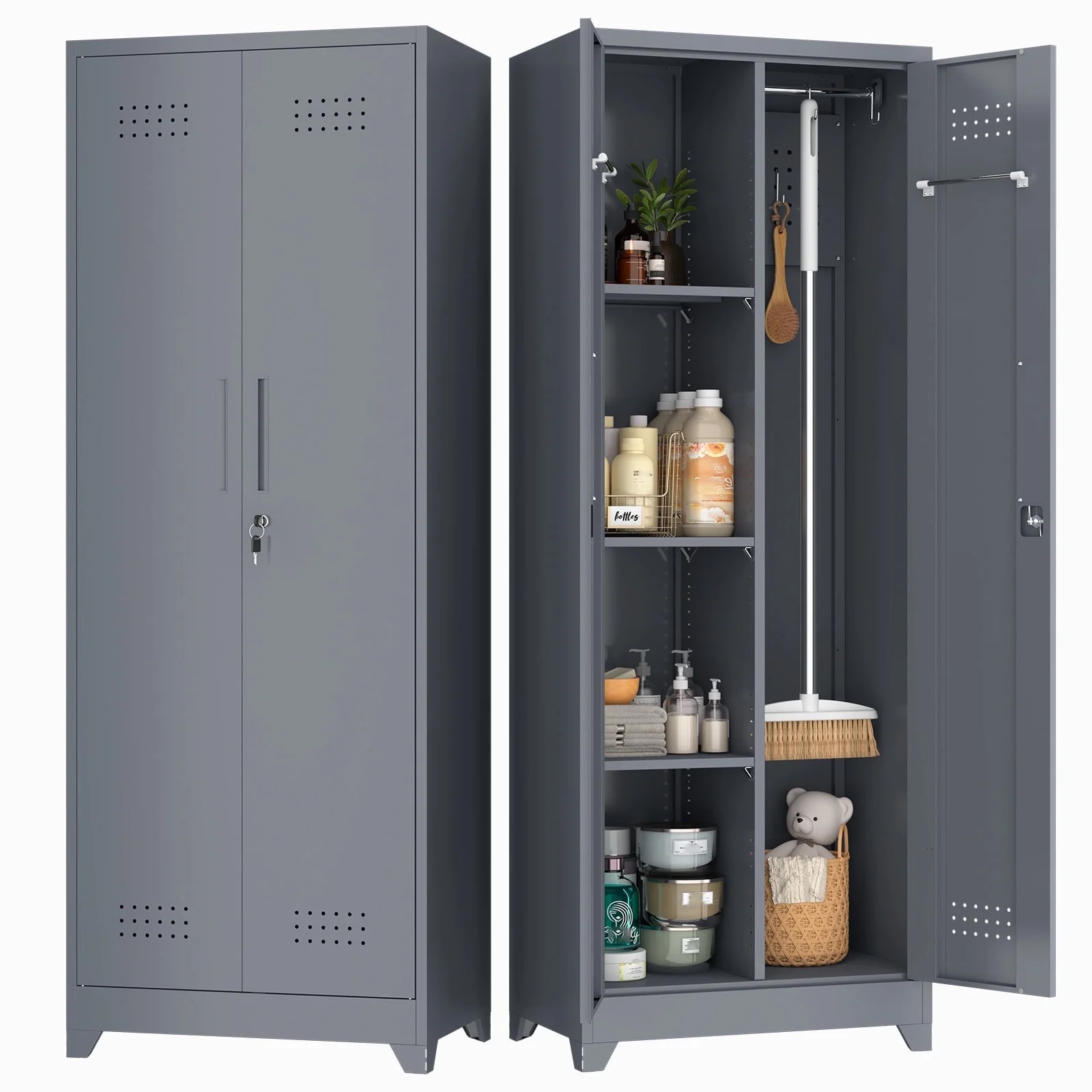 Marcree Broom Closet Storage Cabinet,Cleaning Supply Storage Cabinet,Metal Cleaning Closet Cabinet with Adjustable Shelves for Laundry Room Basement