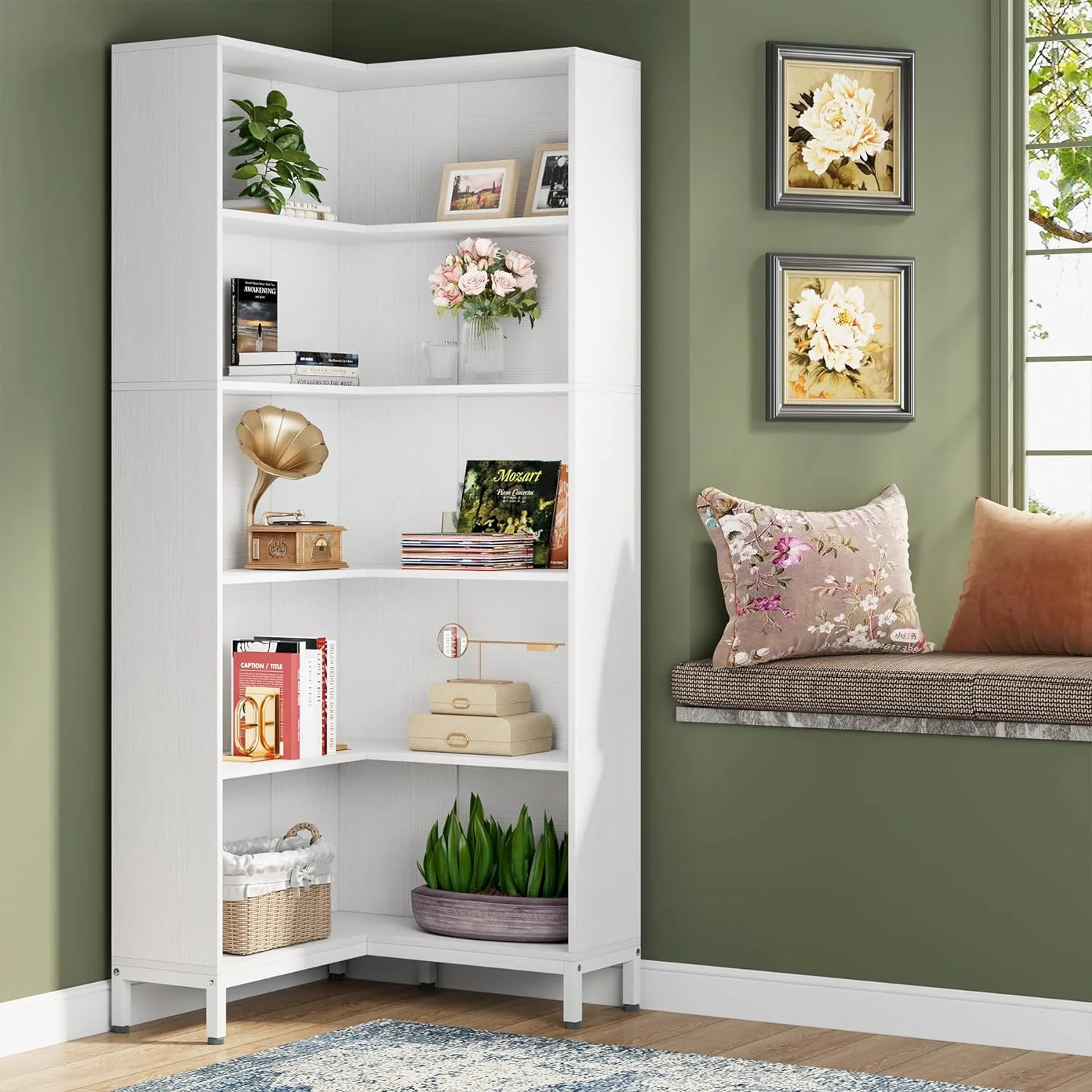 Tribesigns 71" L-Shaped Bookcase, 6-Tier Corner Bookshelf, Industrial Storage Display Rack, Grey
