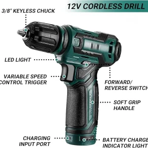 MY Tool Set: 12V Cordless Drill Kit with Hand Toolbox and Storage Case, Mechanic Tool Set for Home Repairs, Portable Power Drill and Tools, Green