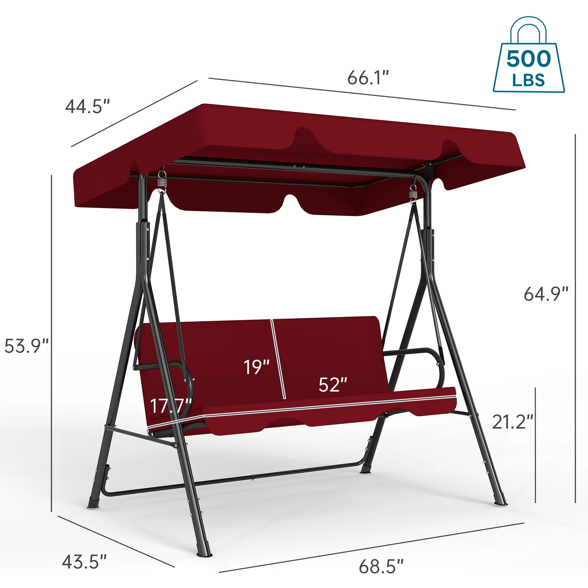 Melocadol 3 Seats Outdoor Porch Swing Glider, Patio Swing Chair with All Weather Covered Canopy and Rust Proof Heavy Duty Stand, for Garden, Lawn, or Backyard, Black