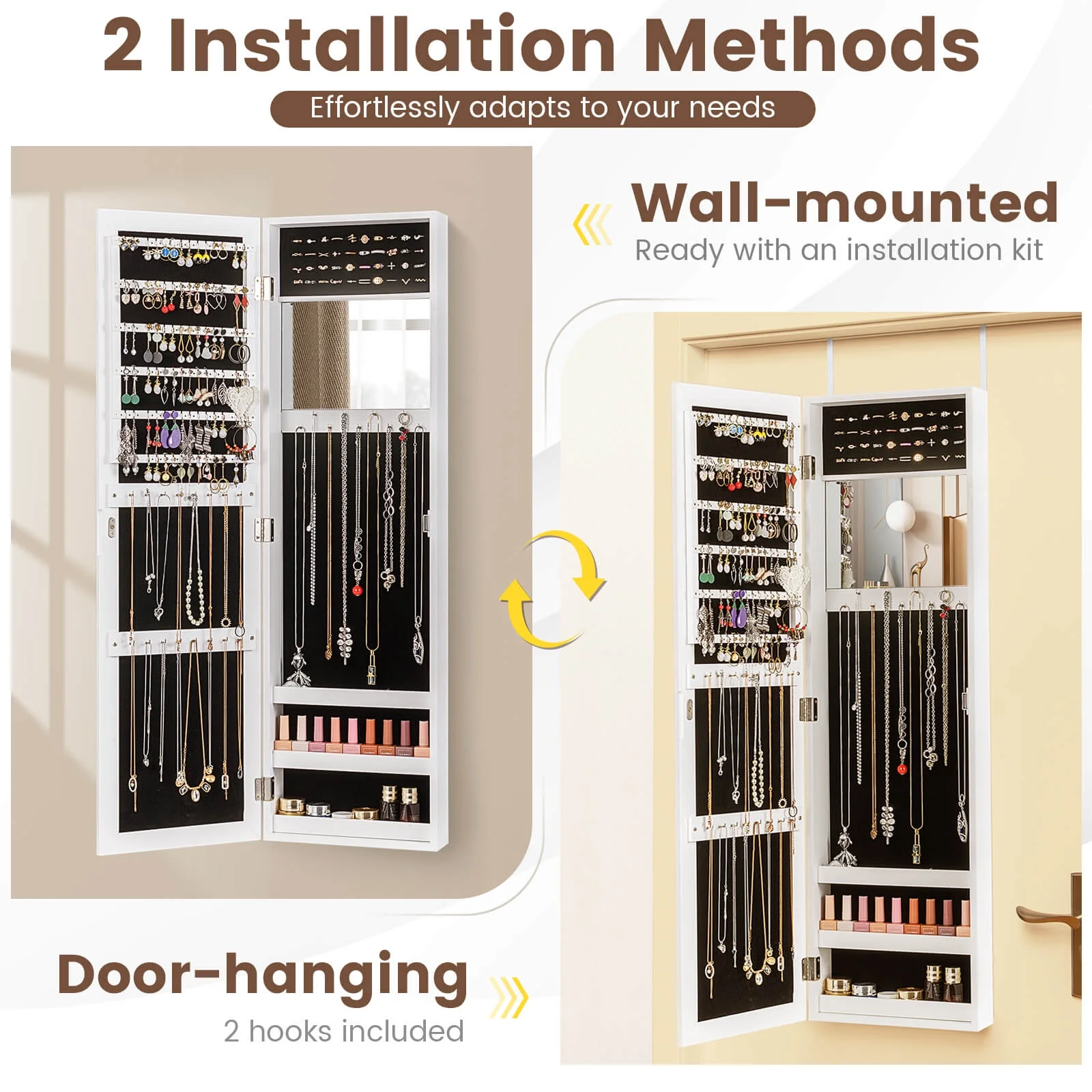 Costway Wall Door Mounted Mirrored Jewelry Cabinet Storage Organizer-Black