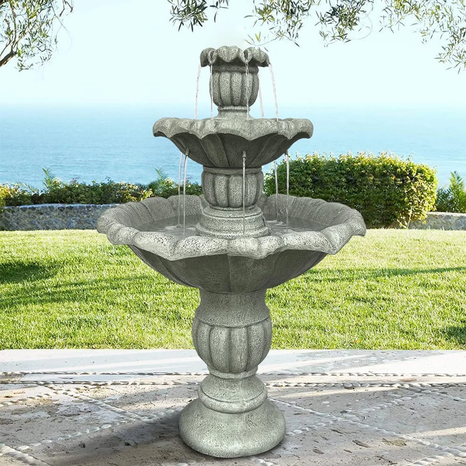 48-?H Outdoor Floor Water Fountain, 3-Tiers Concrete Water Fountain with Submersible Electric Pump - Garden Cascading Waterfall for Yard Patio Lawn Home Decor