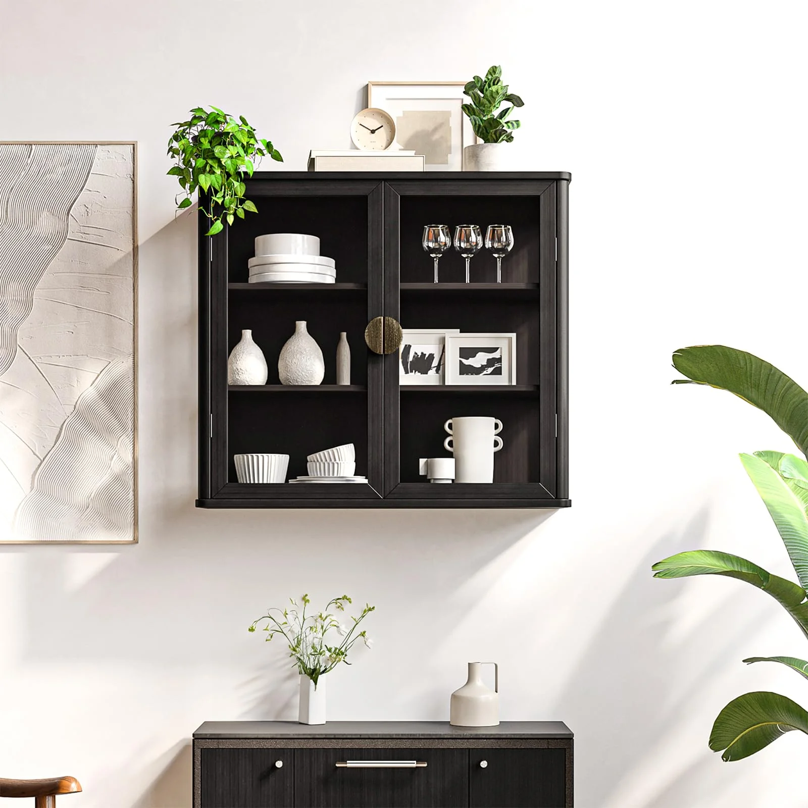 POLIHOME Display Wall Cabinet with Tempered Glass Doors-Storage Cabinet with Adjustable Shelves