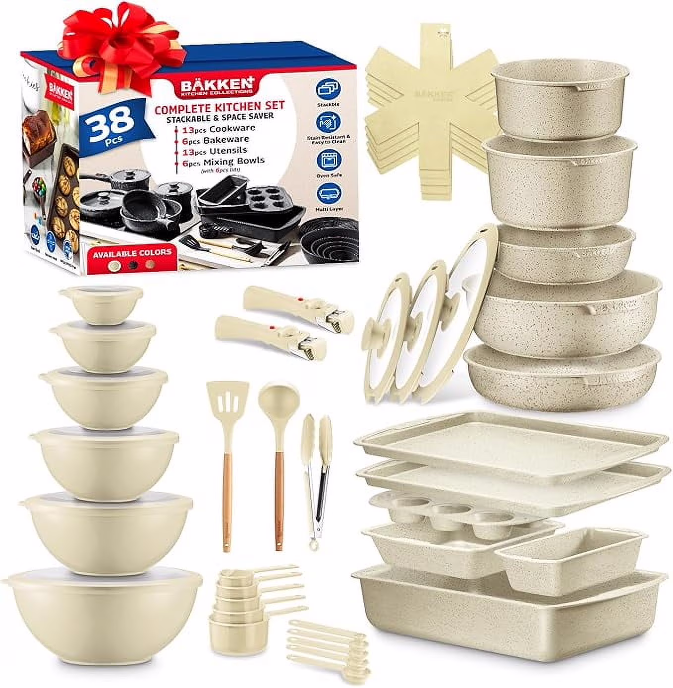 Bakken Master 38 Piece Granite Cookware and Bakeware Set -C Nonstick Granite Coating, Pots and Pans with Detachable Handles and Tempered Glass Lids, 6-piece Bakeware set, 12-piece Mixing Bowls,Brown
