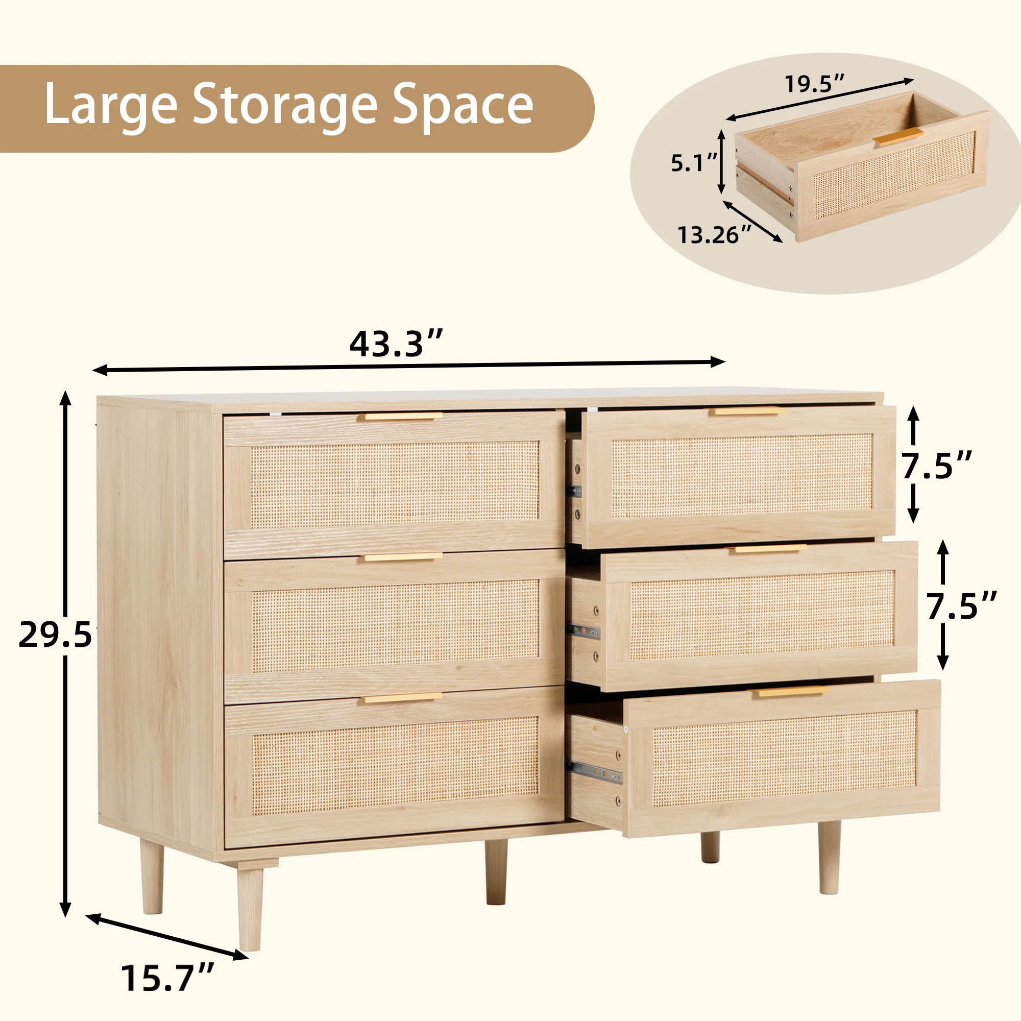 LAZZO 3 Modern Drawer Dresser Rattan, Wooden Dresser Chest of Large Storage Cabinet