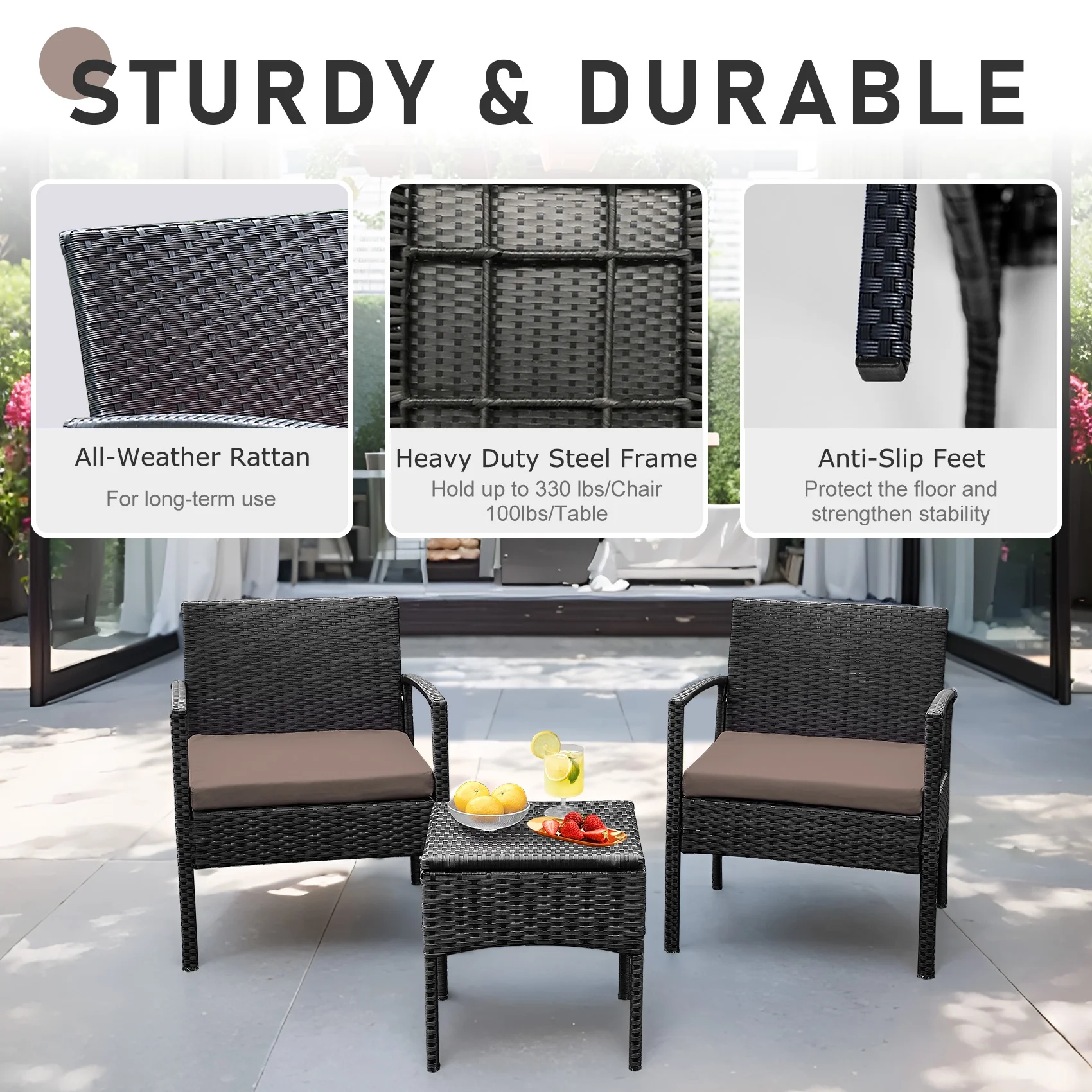 Tappio Outdoor Furniture 3 Piece Patio Bistro Furniture Set, Rattan Conversation Chairs Set with Side Table and Cushions, Patio Furniture Sets for Balcony Garden Porch, Red