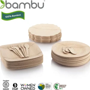 Bambu Pack of 100-9 Inch Fancy 100% Bamboo Plates -C Premium Disposable Dinnerware | Elegant, Biodegradable Veneerware Natural Tableware for Weddings, Parties, Entertaining & Special Occasions