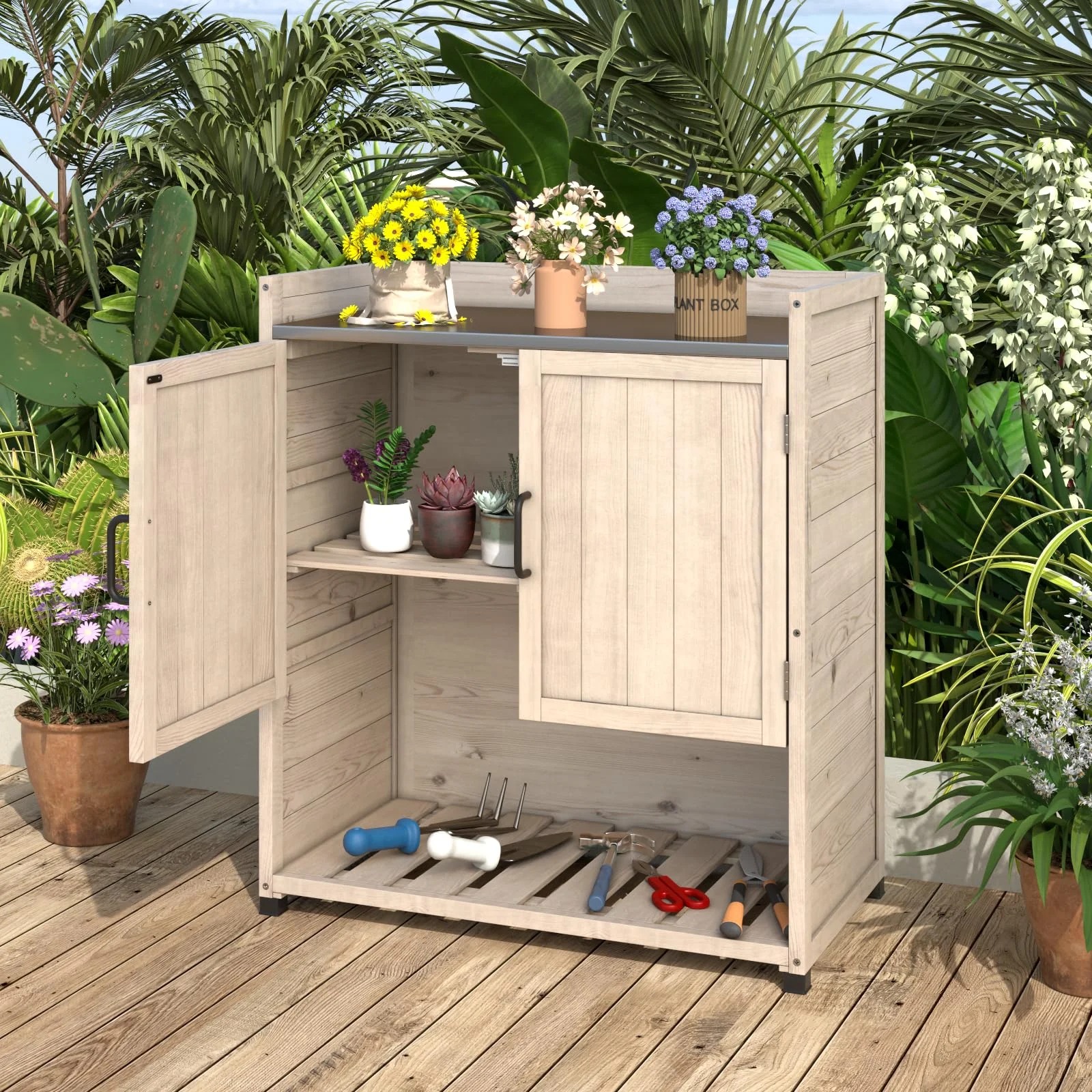 YODOLLA Potting Bench, Wooden Outdoor Storage Cabinet with Adjustable Shelf, Patio Storage with Metal Tabletop, Potting Table for Garden, Patio and Lawns, Gray