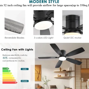 42 Inch Low Profile Ceiling Fans with Lights and Remote, Flush Mount Modern Ceiling Fan, 3 CC T DC Ceiling Fan for Bedroom, Living Room, Brushed Nickel