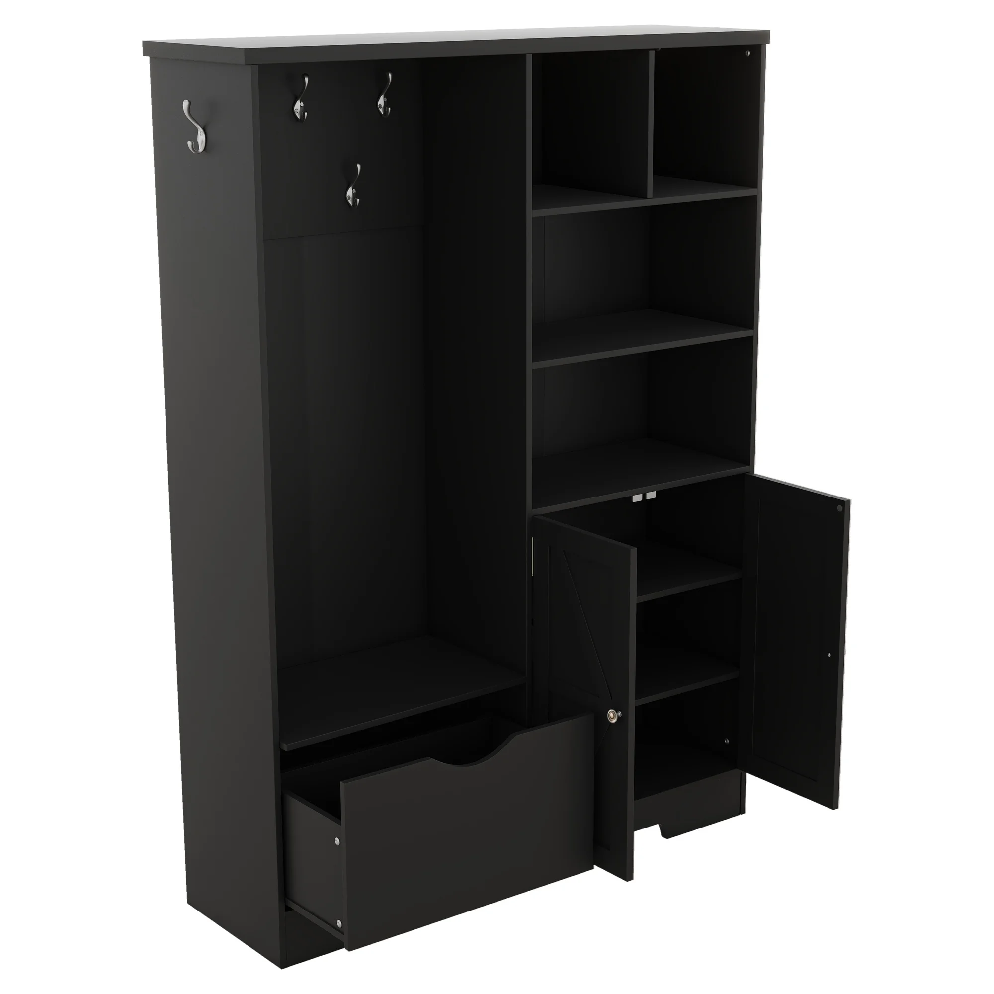 Bellemave 59"W Farmhouse Hall Tree with Storage Shelves and Shoes Rack Multi-functional Coat Rack with Hooks Entryway Shoes Storage Seating Bench Coat Hanger for Hallway (Black, With Shoes Rack)