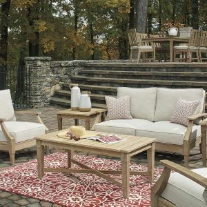 Signature Design by Ashley Clare View Coastal Outdoor Patio Eucalyptus Sofa with Cushions, Beige
