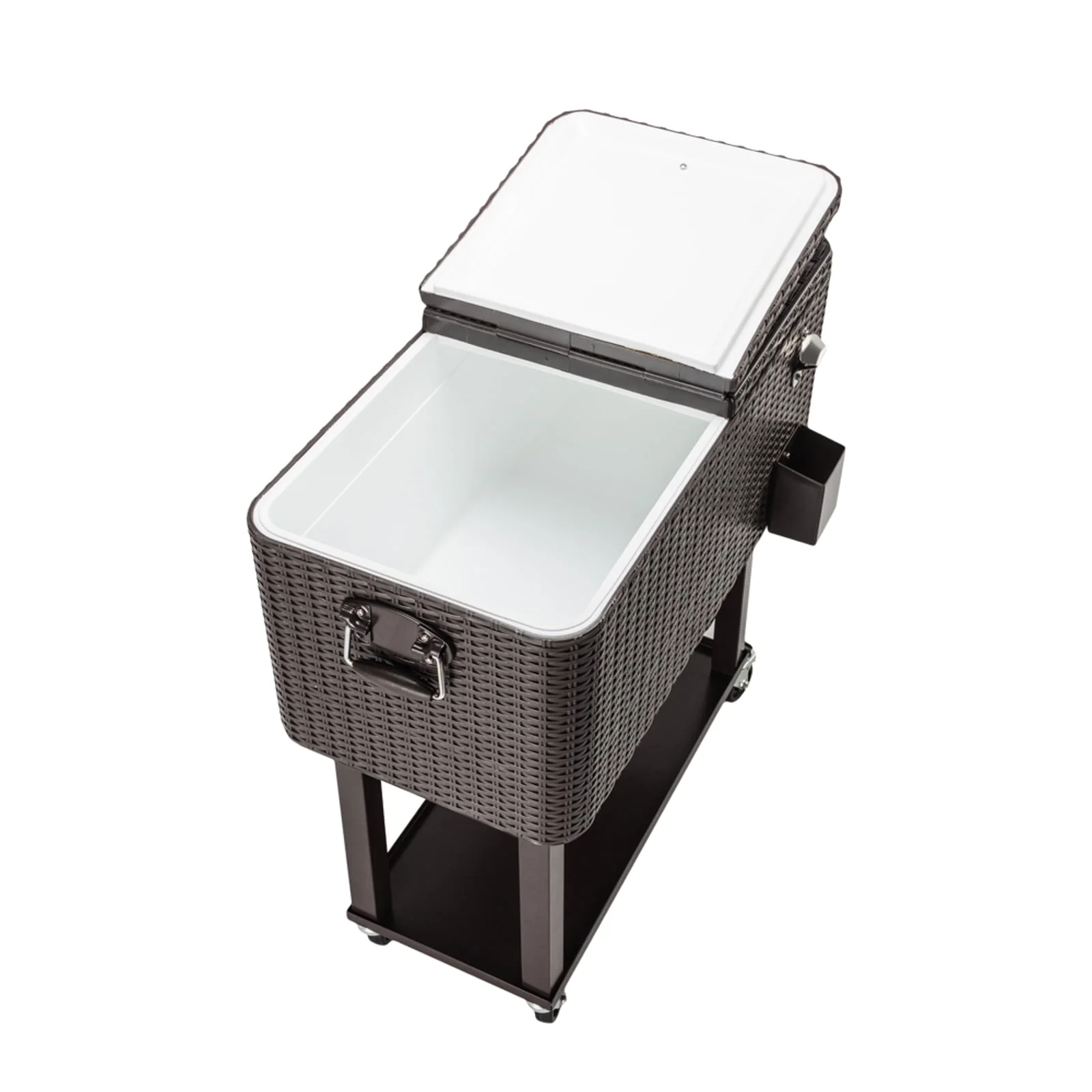 80QT Rattan Cooler with Shelf & Wheels - Insulated Outdoor Beverage Ice Chest for Parties, Patios, & Events - Durable Woven Design, Stainless Steel Accents, Keeps Cool 48 Hrs