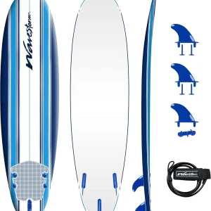 Wavestorm - Classic Soft Top Foam 7ft Surfboard Surfboard for Beginners and All Surfing Levels Complete Set Includes Leash and Multiple Fins Heat Laminated, Blue Pinline (AZ22-WSSF700-PIN)