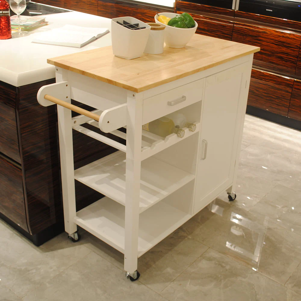 Highsound Wooden Kitchen Island Cart with 3 Shelfs and Cabinet, Kitchen Storage Carts Table with Drawer and Lockable Wheels, White