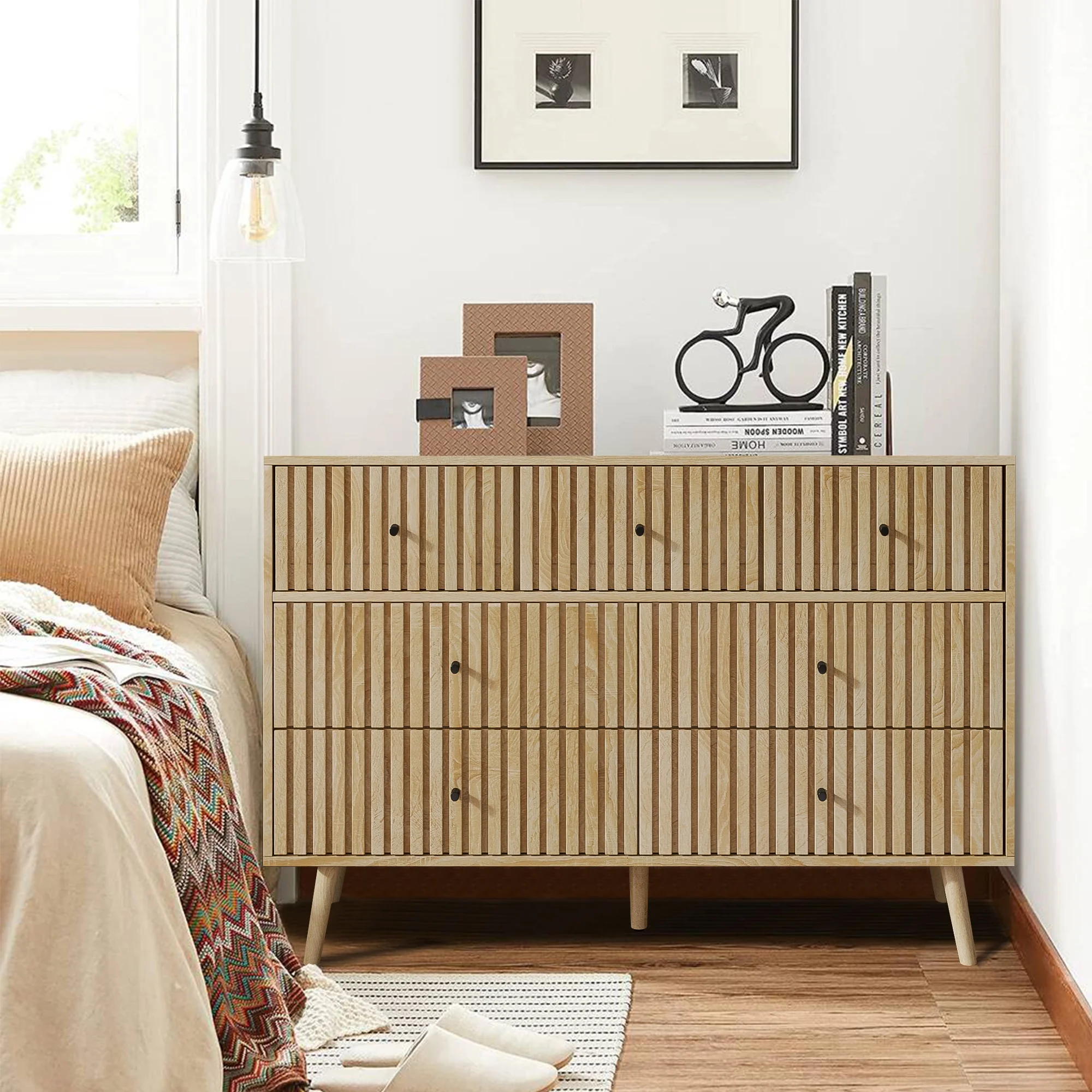 Oubayajia 7 Drawer Double Dresser, Fluted Chest of Drawers, Wood Storage Cabinet for Bedroom, Living Room, Hallway, Walnut