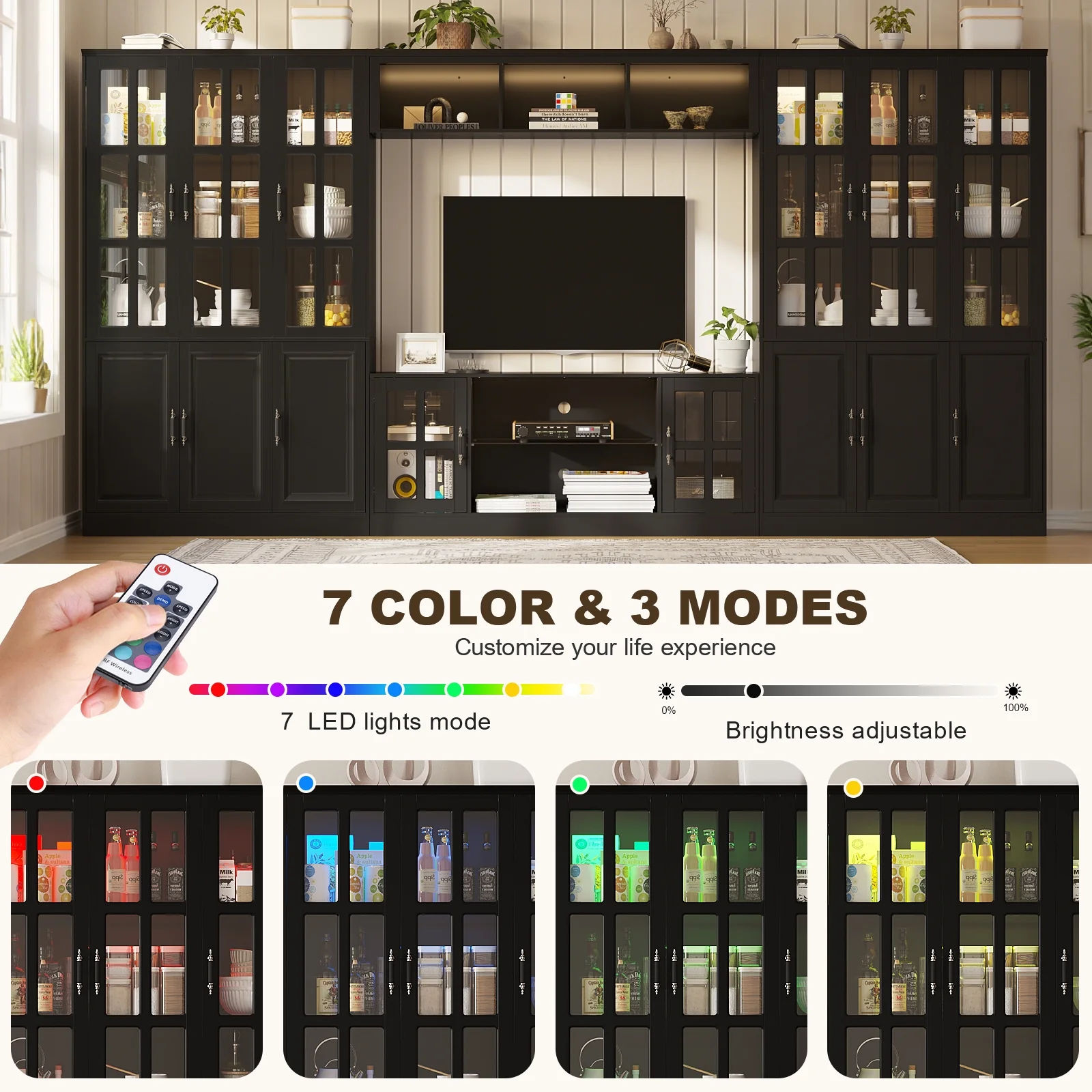 MEISSALIVVE 4-Piece Wall Unit TV Stand with Storage & LED Lights for TVs up to 75", Modern Entertainment Center with Bookshelves & 8-Door Pantry Cabinet, Gray