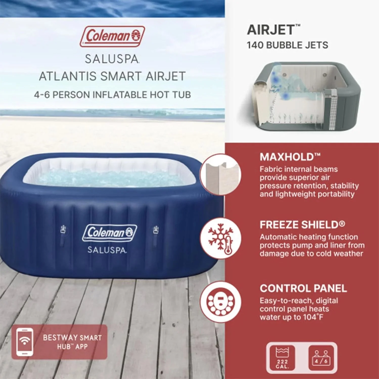 4 to 6 Person Inflatable Hot Tub Square Portable Outdoor Spa with 114 Soothing AirJets and Insulated Cover, Gray-Coleman