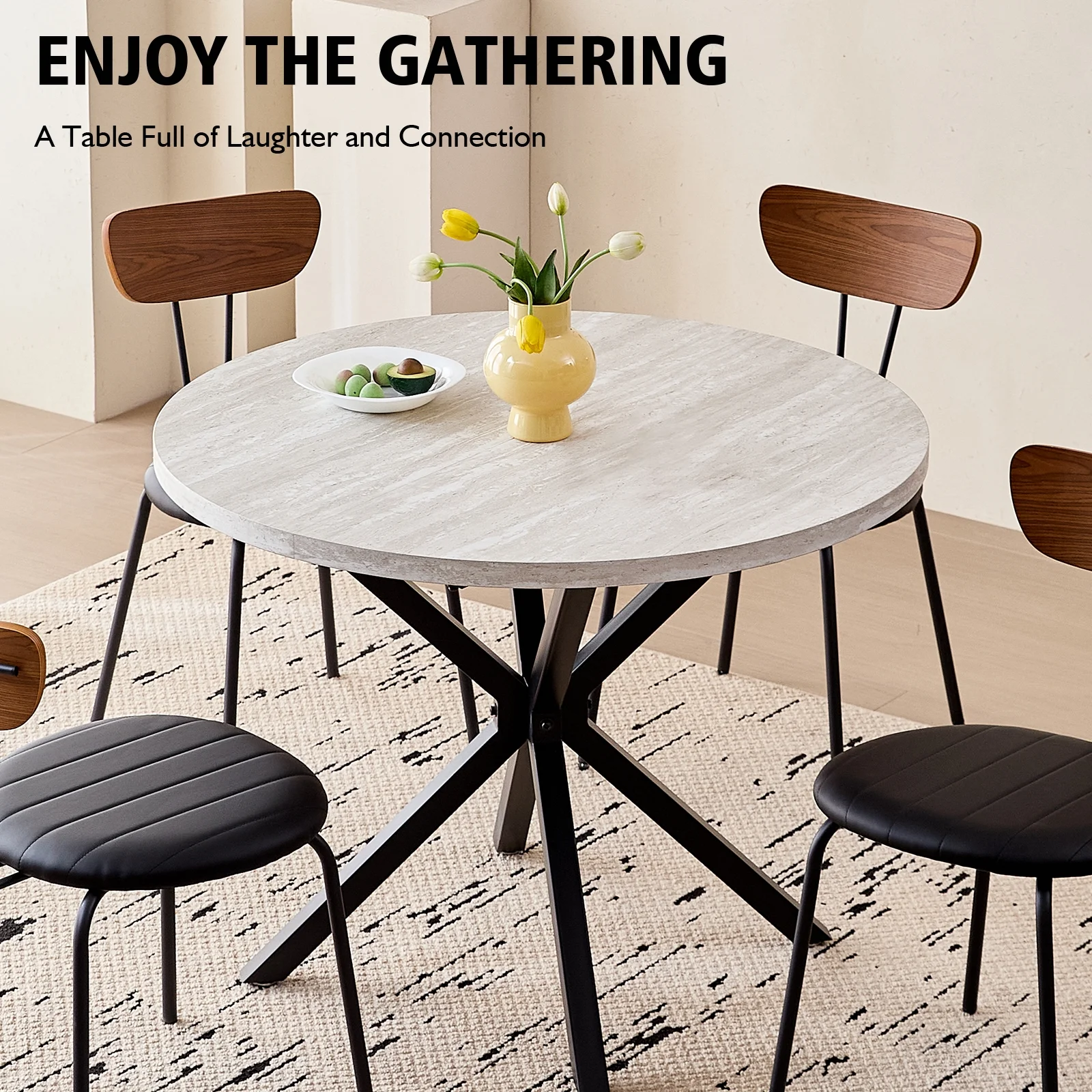 39- Round Dining Table, Modern Small Kitchen Table for 4 with X-Shaped Metal Legs and 1.2" Thickness Tabletop for Kitchen Dining Room, Coffee Table, Oak