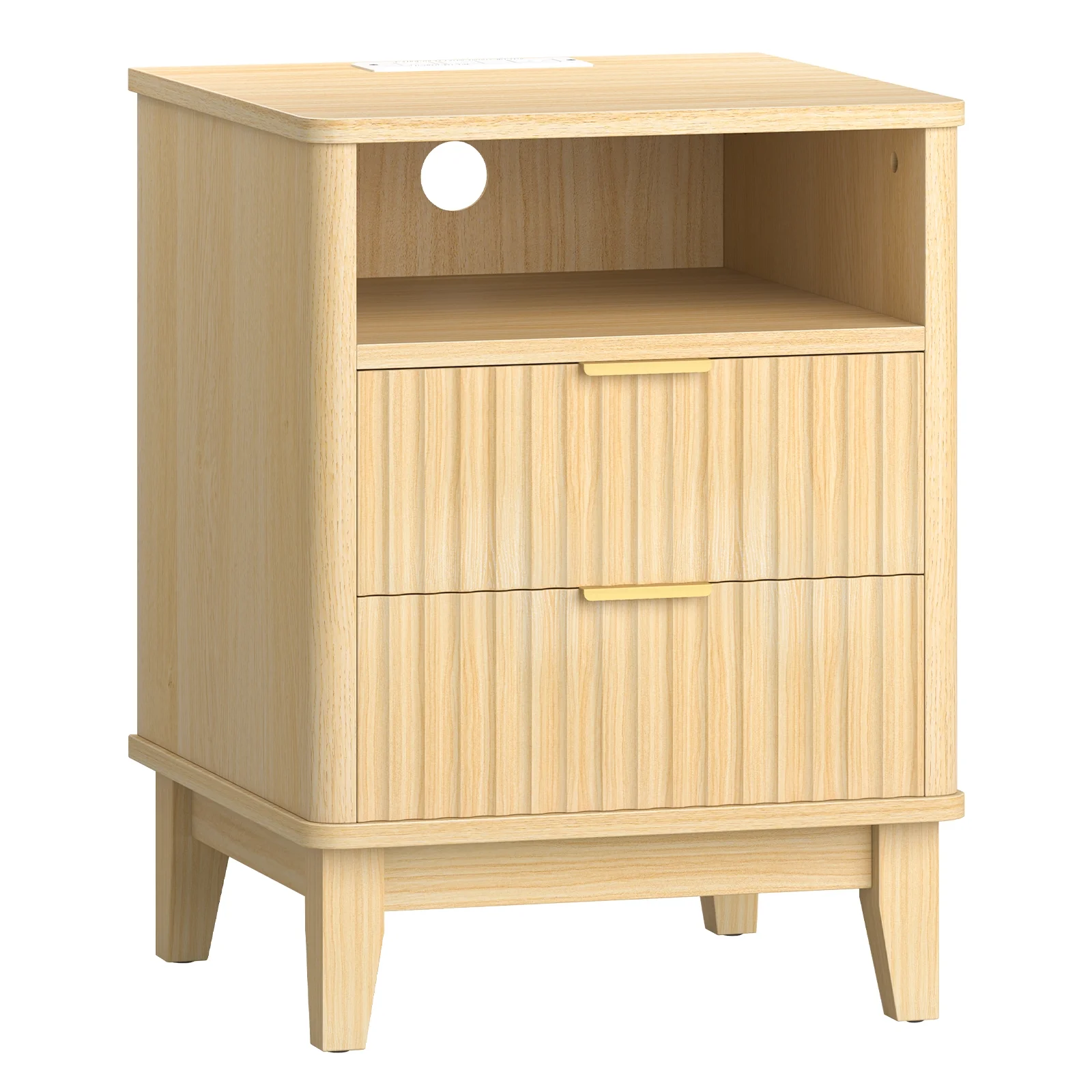 Night Stand with Charger Station, Fluted Nightstand with 2 Drawers and Storage Shelf, Mid Century Modern End Table for Bedroom Living Room,Natural