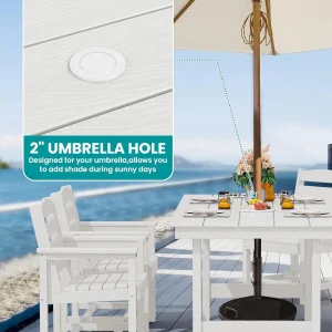 SERWALL 7-Piece Patio Table Set, Outdoor HDPE Dining Furniture with Umbrella Hole, All Weather Table and Chairs for Lawn, Garden, Poolside, Aruba