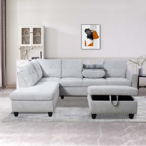 Aukfa 3 Piece Sectional Sofa, Living Room Couch with Storage Ottoman&Cup Holder, Linen, Right Hand, Purple