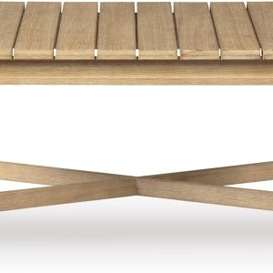 Signature Design by Ashley Clare View Coastal Outdoor Patio Eucalyptus Sofa with Cushions, Beige