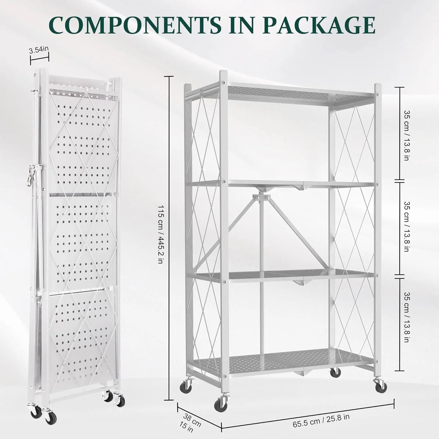 Foldable 4-Tier Storage Shelves with Wheels, No Assembly Bookshelf, Heavy Duty Kitchen Racks and Shelves, Rolling Microwave Cart, Black
