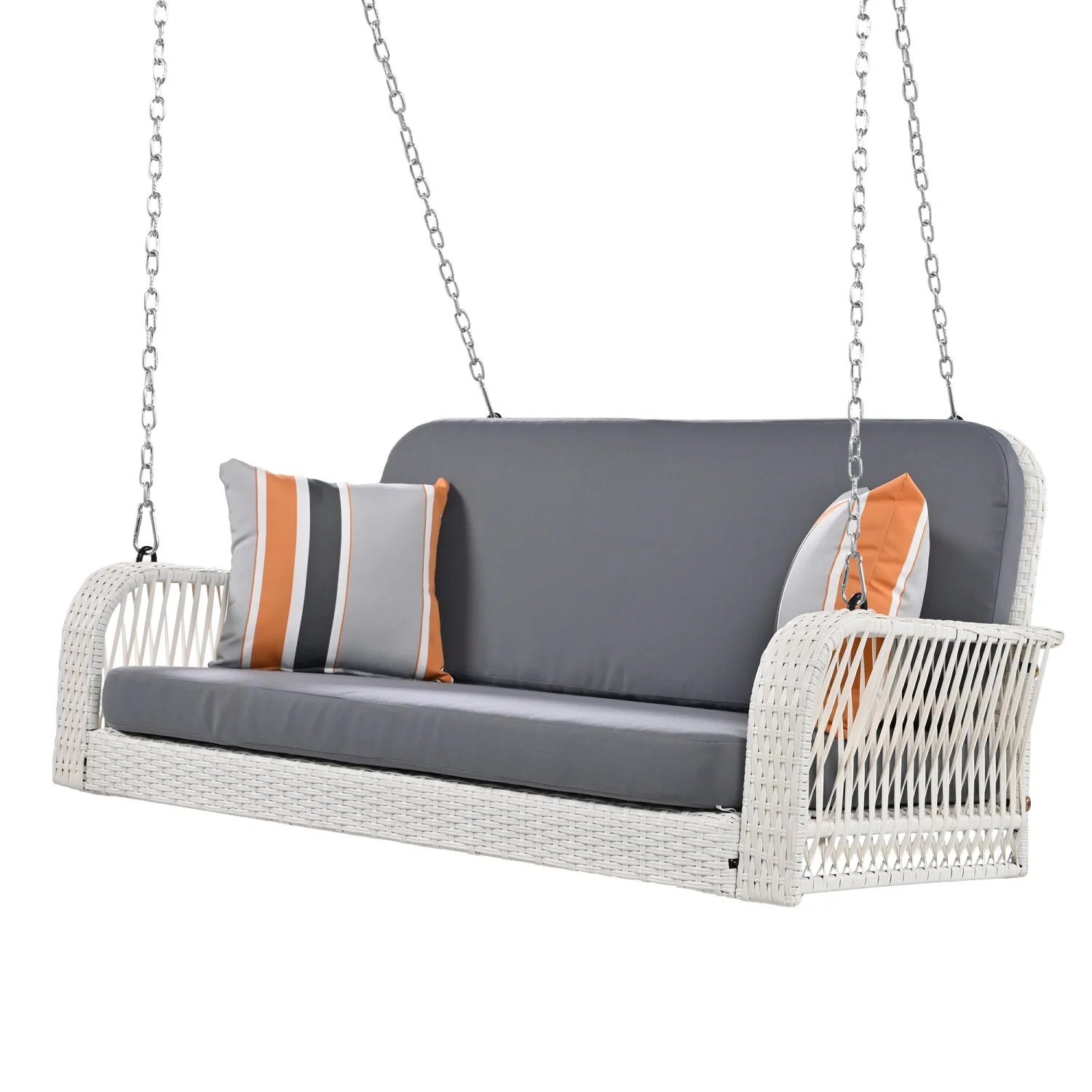 Harper & Bright Designs PE Ratten Porch Swing Chair, 2-Seater Hanging Swing Bench with Chains, All Weather Design Patio Furniture Swing for Backyard Garden Poolside, Grey and White