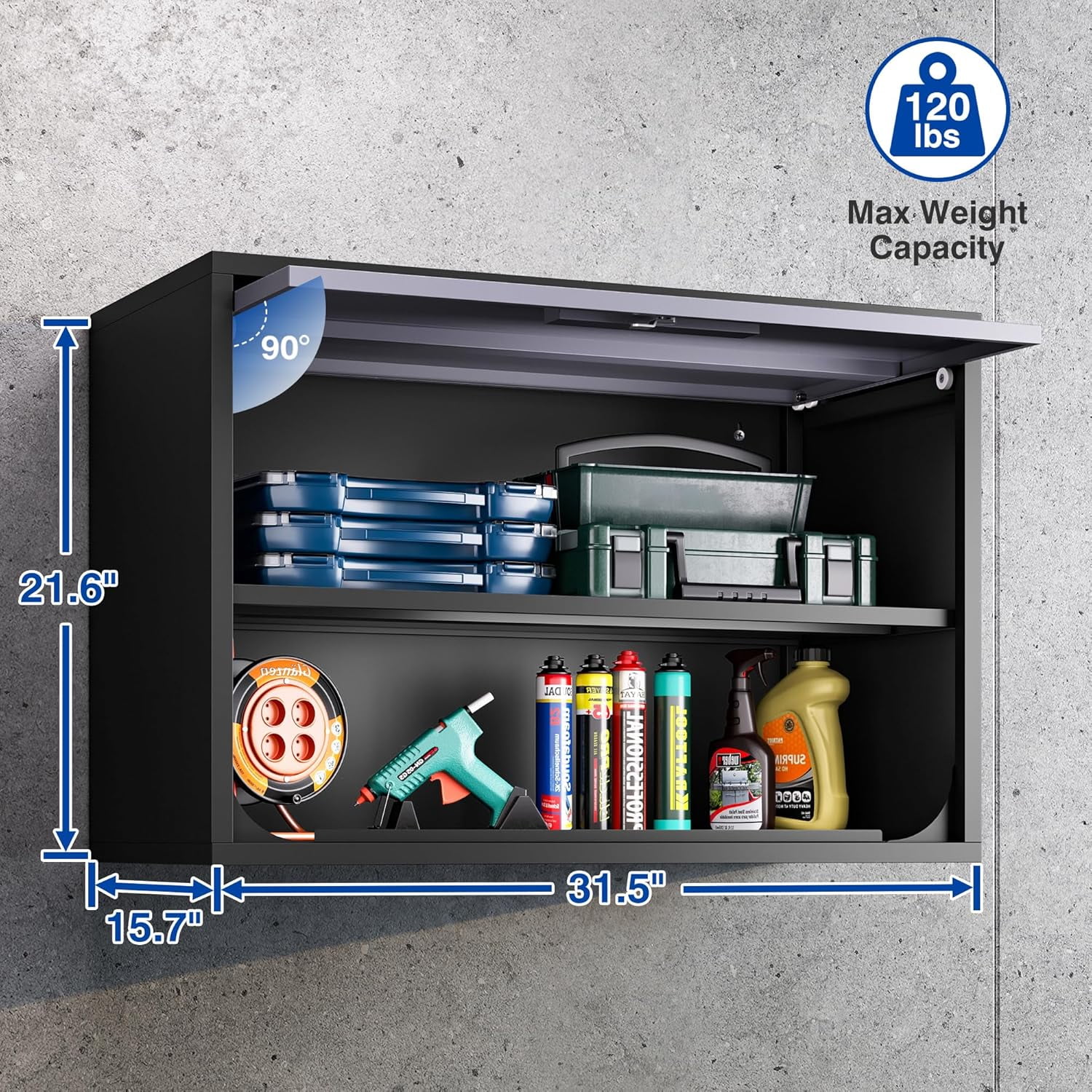 Metal Wall Storage Cabinet with Lock 2 Shelving Garage Storage Cabinet with Flip-Up Door Hanging Garage Cabinet for Kitchen Home Workshop,Assembly Required (Black Gray, 21.6''H)