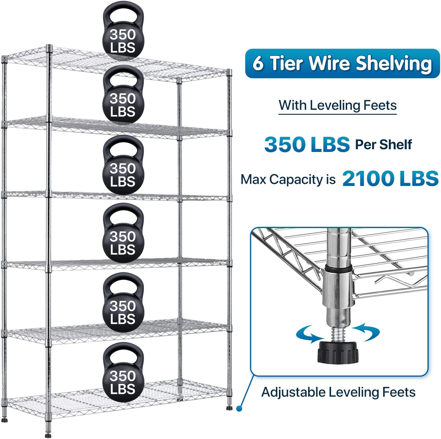 6 Tier Wire Shelving Unit Metal Storage Shelves w/Wheels, 350 Capacity Per Shelf, Heavy Duty Steel Garage Shelf, 48" L X 18" W X 82" H Pantry Kitchen Closet Racks