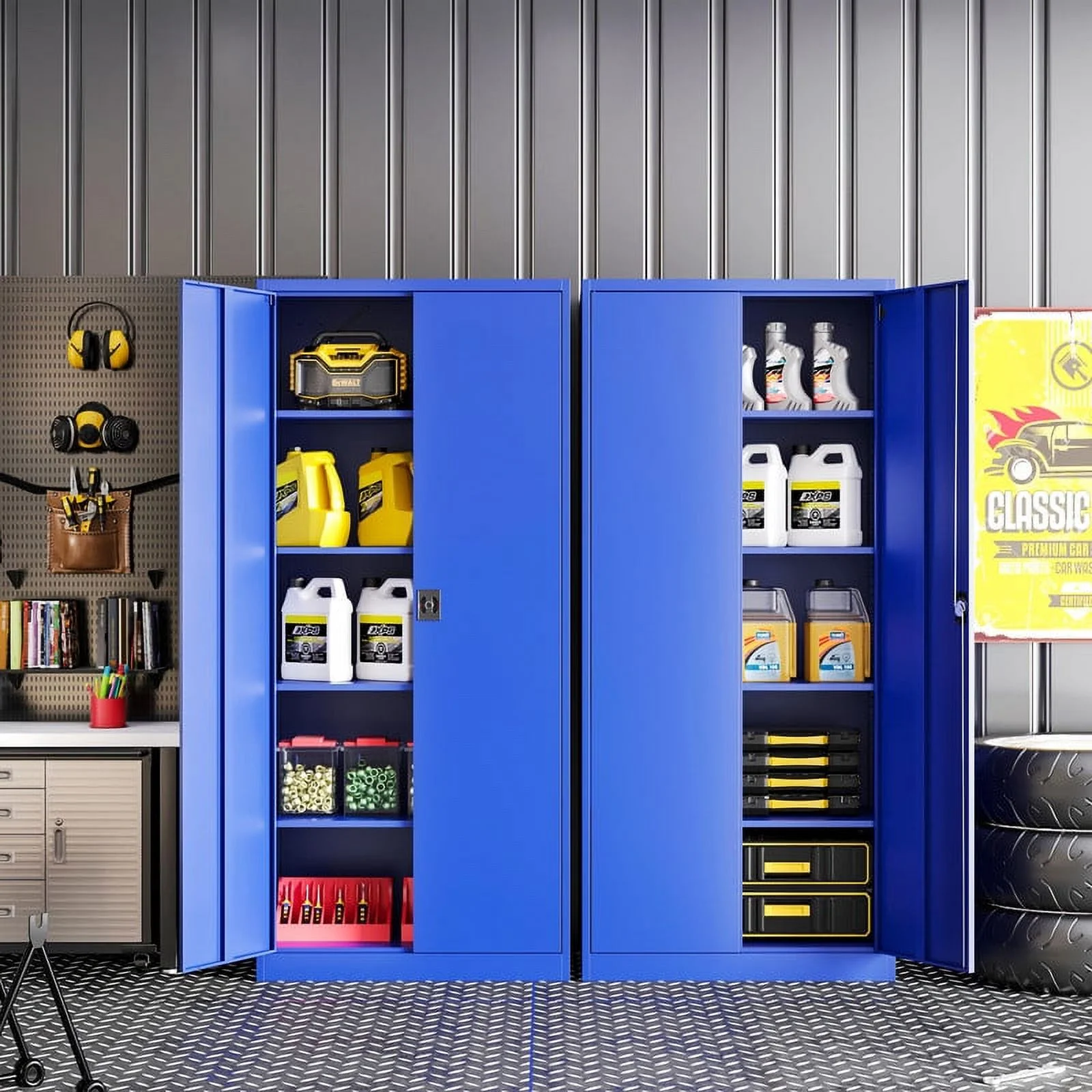 Fesbos Metal Garage Storage Cabinet with 2 Doors and 4 Adjustable Shelves - 71" Steel Lockable File Cabinet,Locking Tool Cabinet for Office,Home,Garage,Gym (Blue)