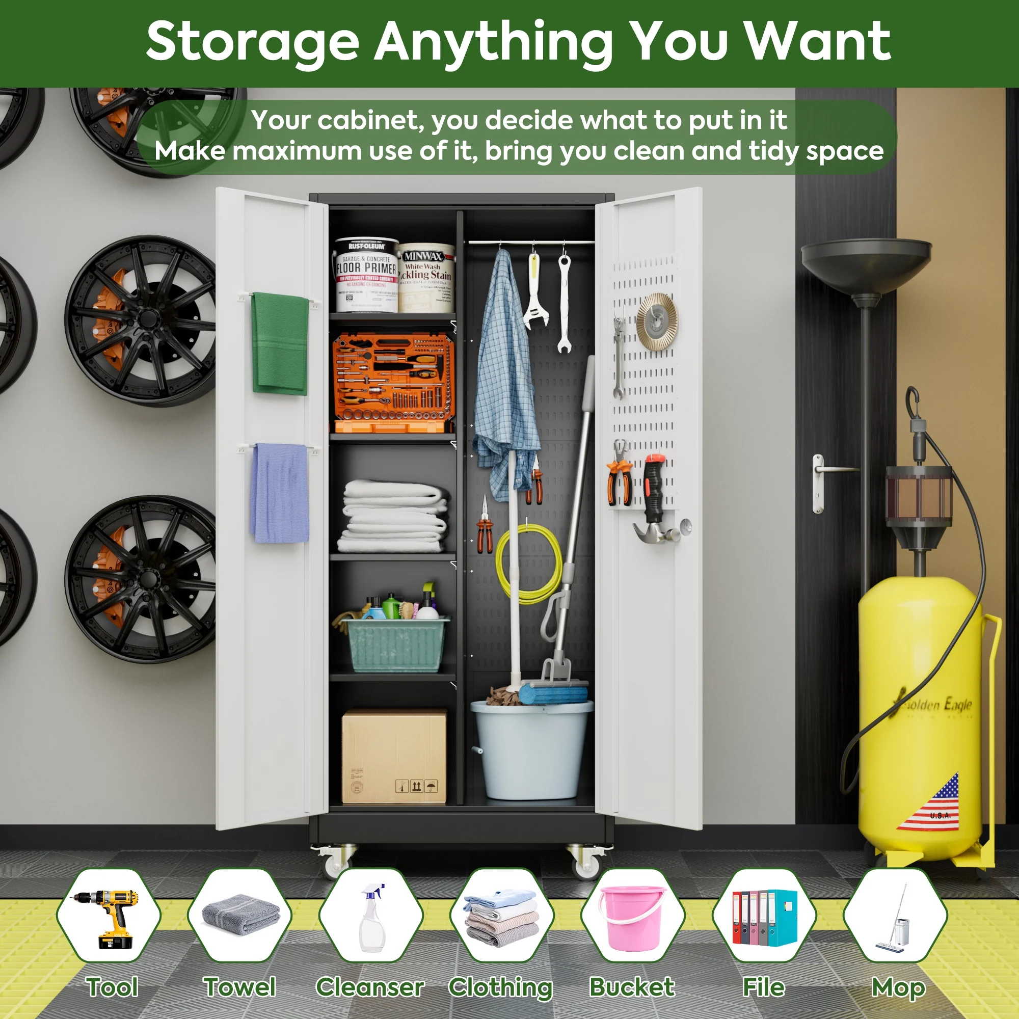 GangMei 71-Inch Metal Lockable Storage Cabinet with Pegboards and 5 adjustable shelves, White, Assembly Required