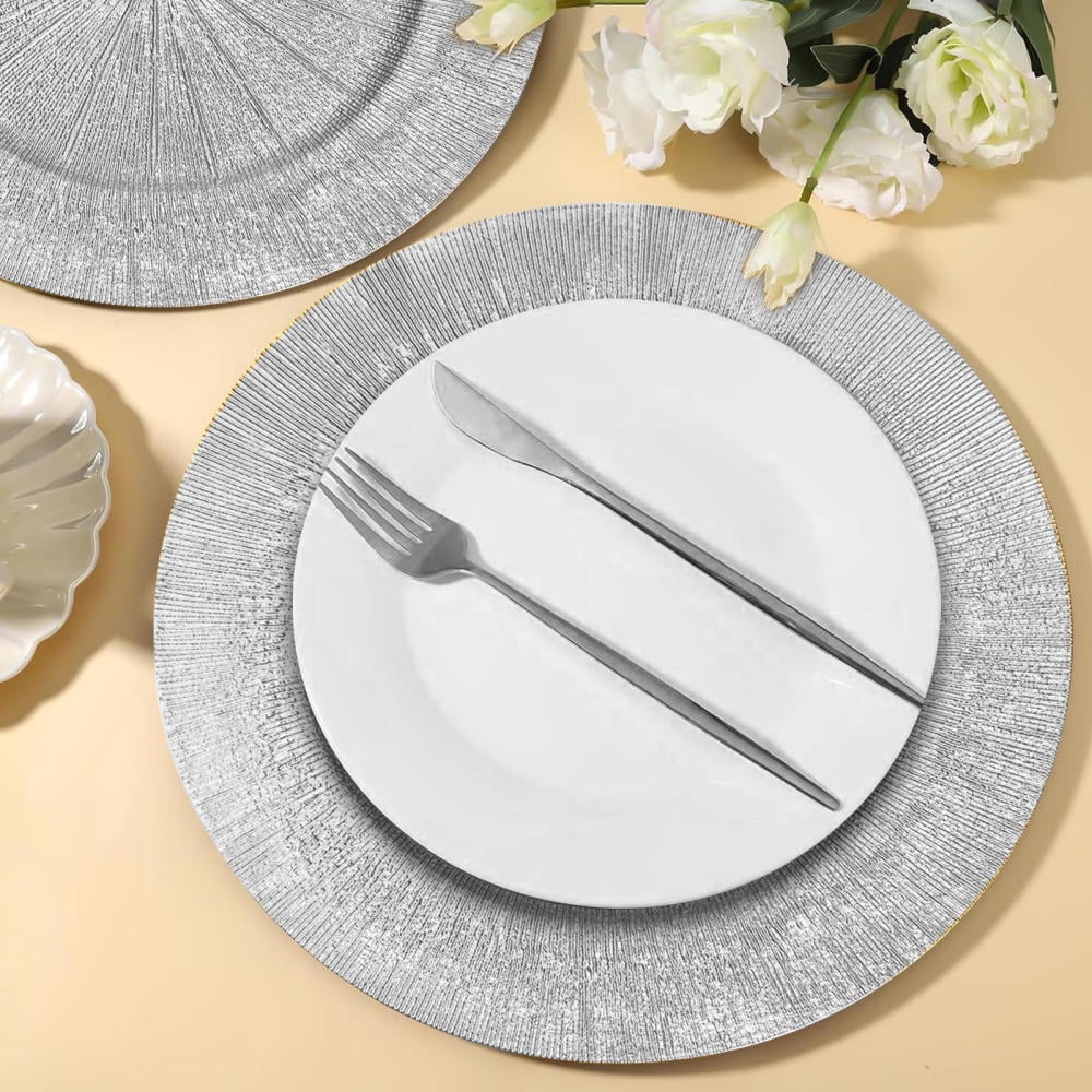 WAASOSCON 100Pcs Bulk Silver Charger Plates, PP Charger Plates for Weddings, Textured Decorative Tableware for Events and Holiday Parties