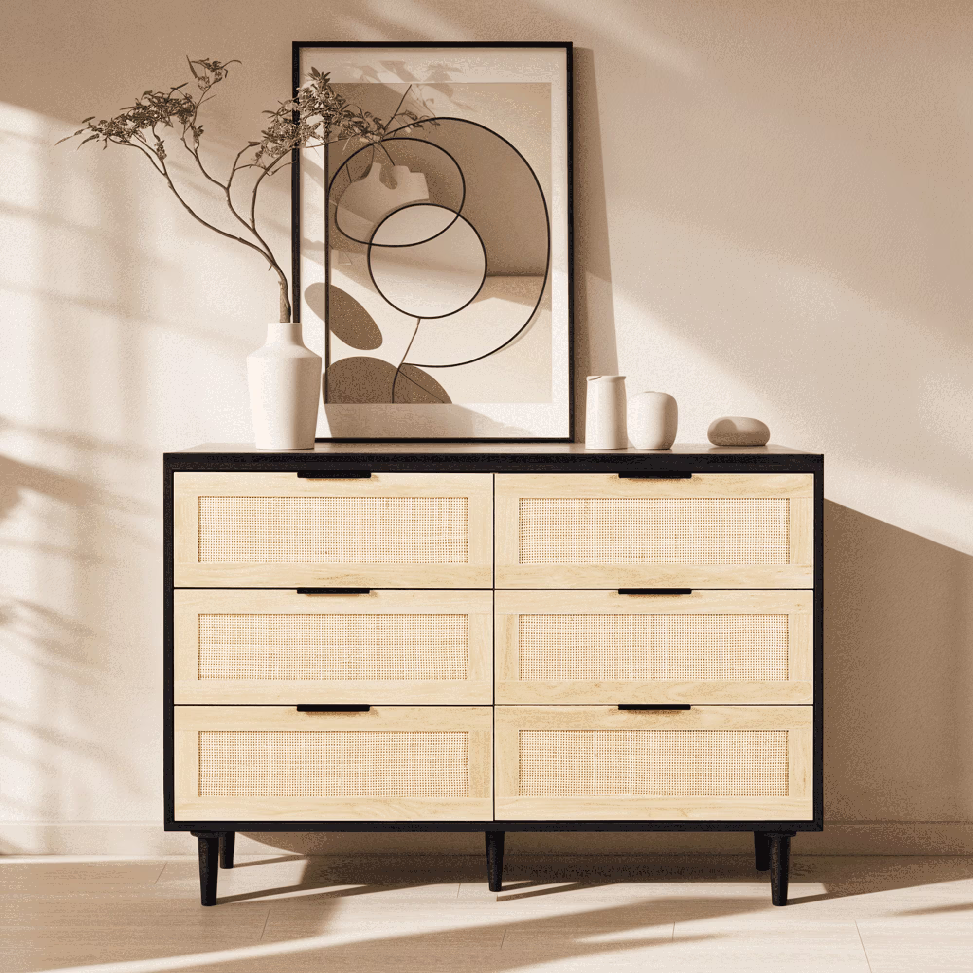 LAZZO 3 Modern Drawer Dresser Rattan, Wooden Dresser Chest of Large Storage Cabinet