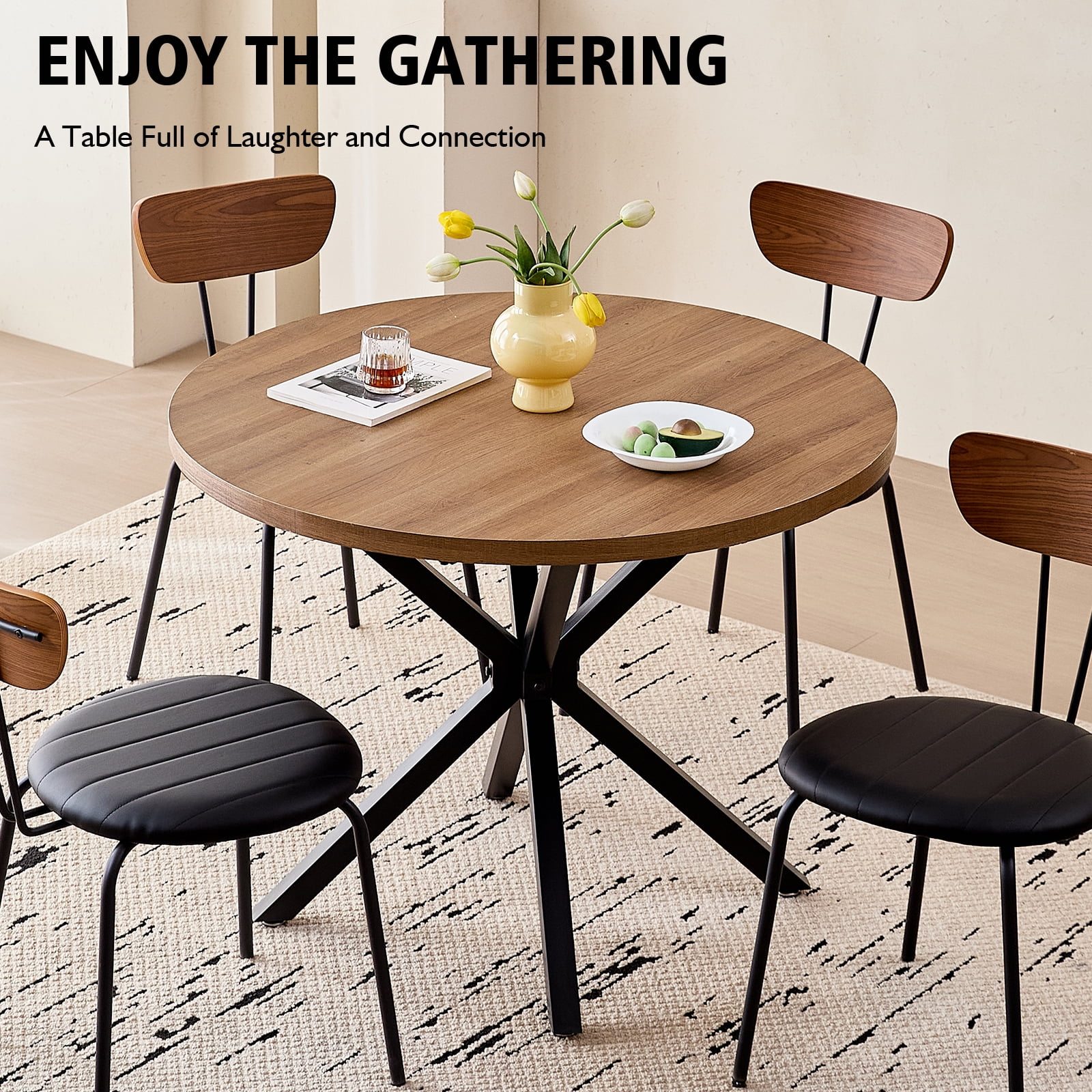 39- Round Dining Table, Modern Small Kitchen Table for 4 with X-Shaped Metal Legs and 1.2" Thickness Tabletop for Kitchen Dining Room, Coffee Table, Oak