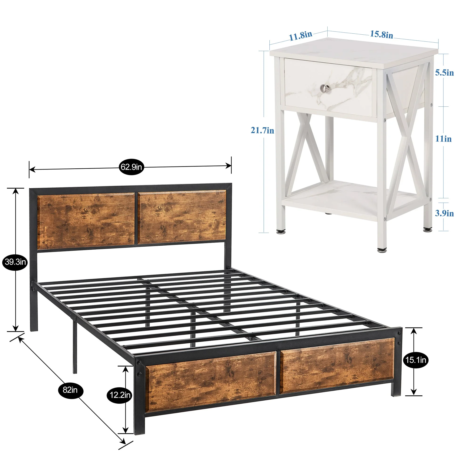 VECELO 3 - Piece Bedroom Set with Twin Size Bed Frame and 1 - Drawer Black Nightstands