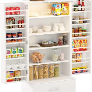 Alohappy 47'' Pantry Cabinet, Kitchen Storage Cabinet with Drawers and Led Light, Adjustable Shelves for Kitchen, Dinning Room - White