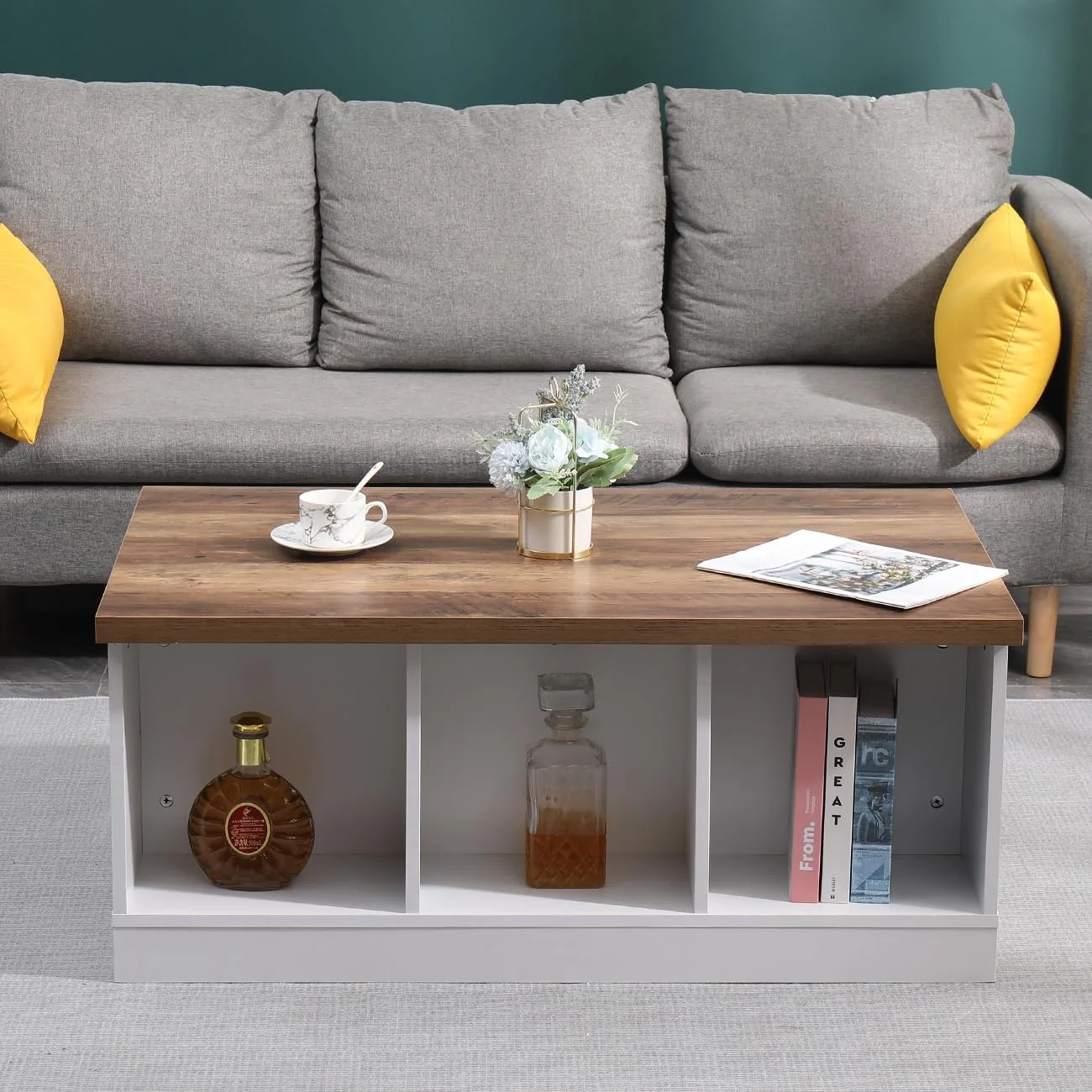 Ansley&HosHo Farmhouse Coffee Table with Sliding Barn Doors & Storage, Antique Wood Living Room Center Table, Rustic Industrial Cocktail Table for Bedroom Home Office, White+Dark Walnut