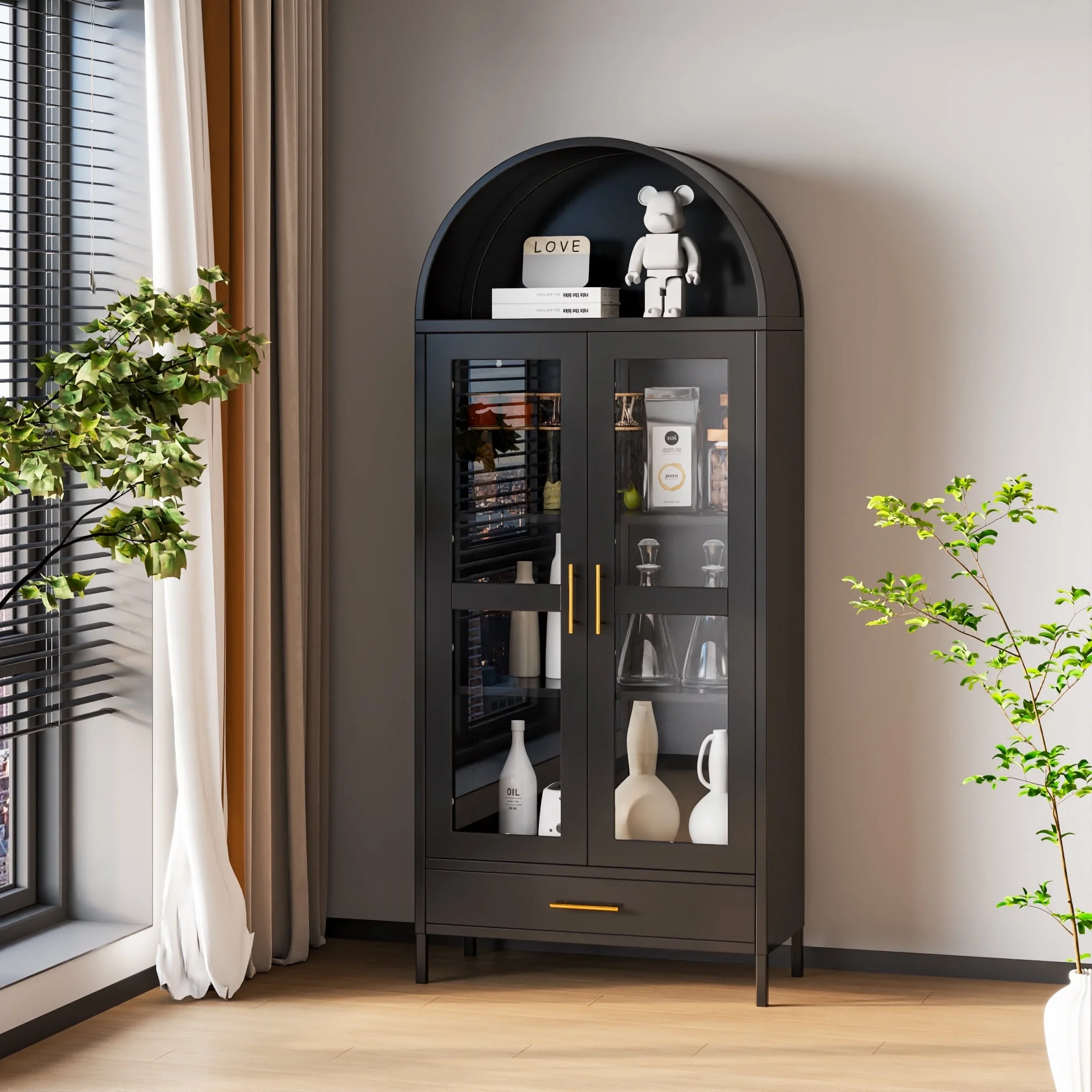 SUXXAN Metal Arched Storage Display Lockable Cabinets with Glass Doors and Adjustable Shelves, Assembly Required, Black