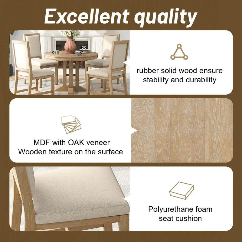 5-Piece Dining Set Extendable Round Table and 4 Upholstered Chairs Farmhouse Dining Set for Kitchen, Dining Room