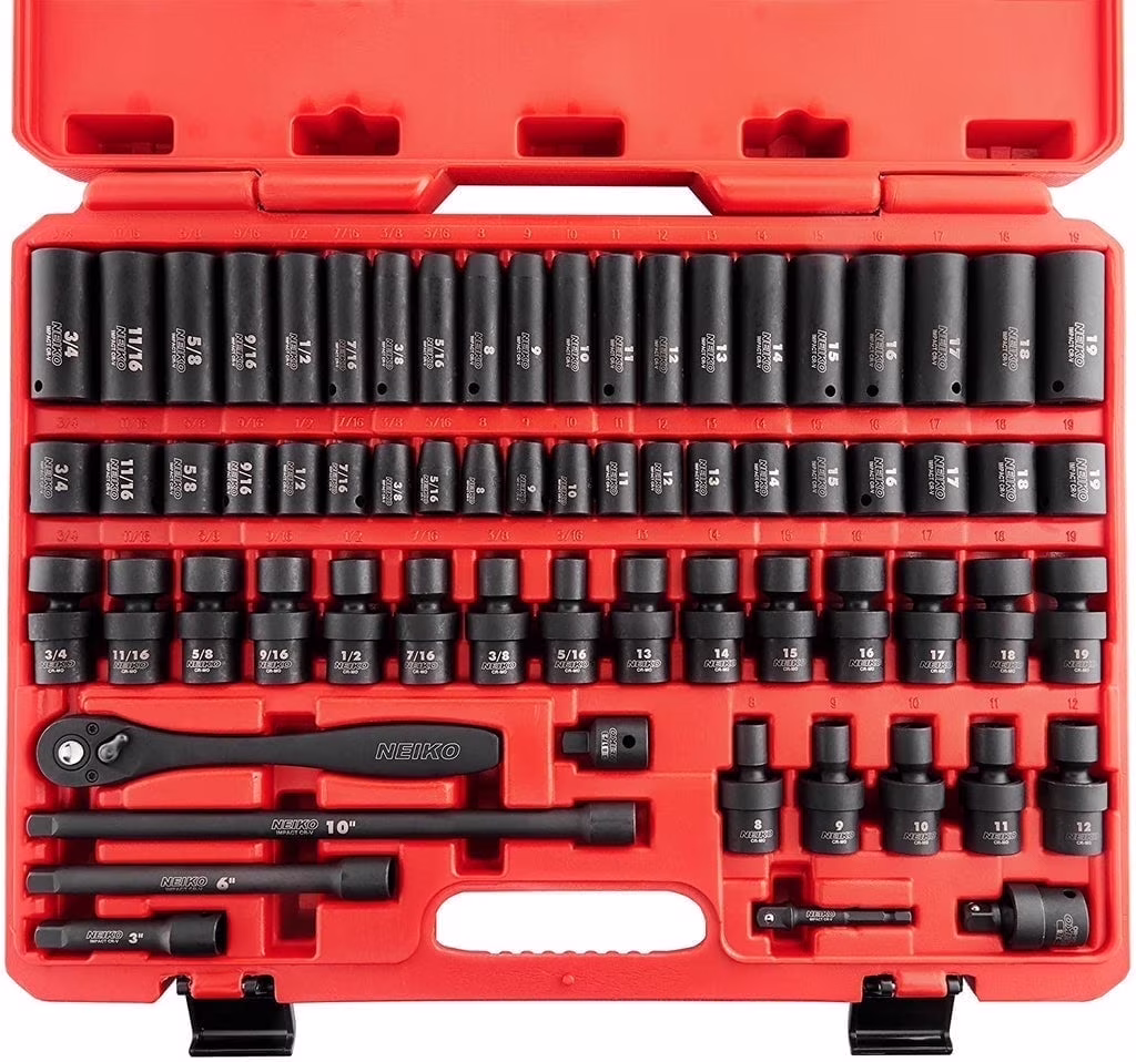 NEIKO 02471A Impact Socket Set, 3/8- Drive, 67 Piece, Metric and Standard Master Socket Set with Shallow & Deep Sockets, Ratchet, Swivel Sockets, Extension Bars, Adapters, Cr-V & Cr-Mo